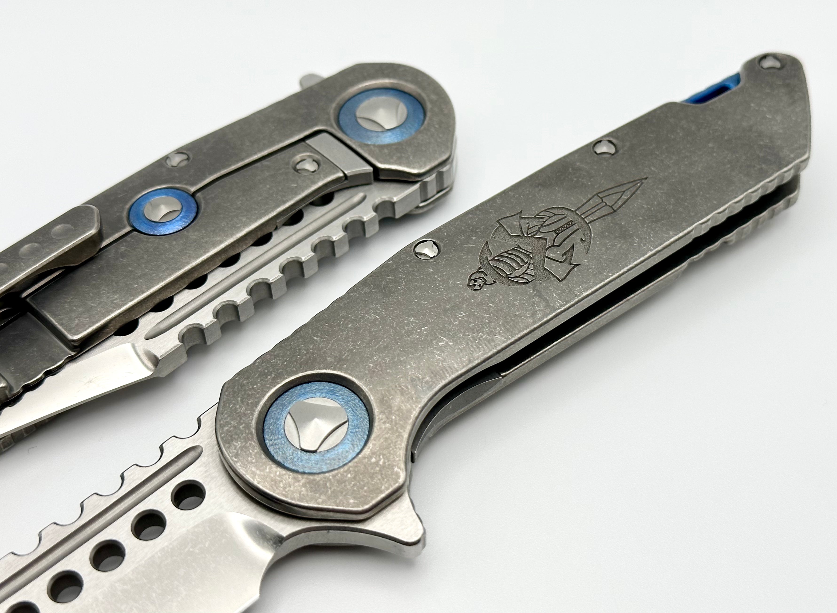 Marfione Custom Warhound Titanium Knife - Premium Stonewash Finish with Deep Engraved Dagger Relief & Blue Accents