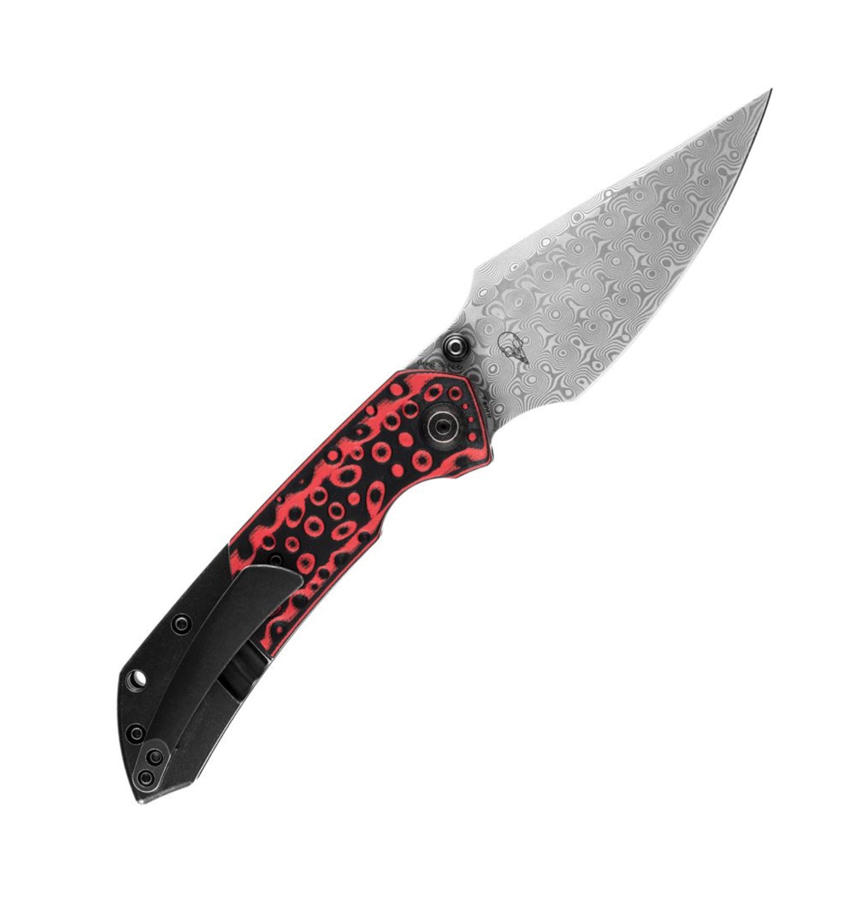 Kansept Fenrir Ultimate EDC Knife - Red Swirl G-10/Titanium & Damascus Blade