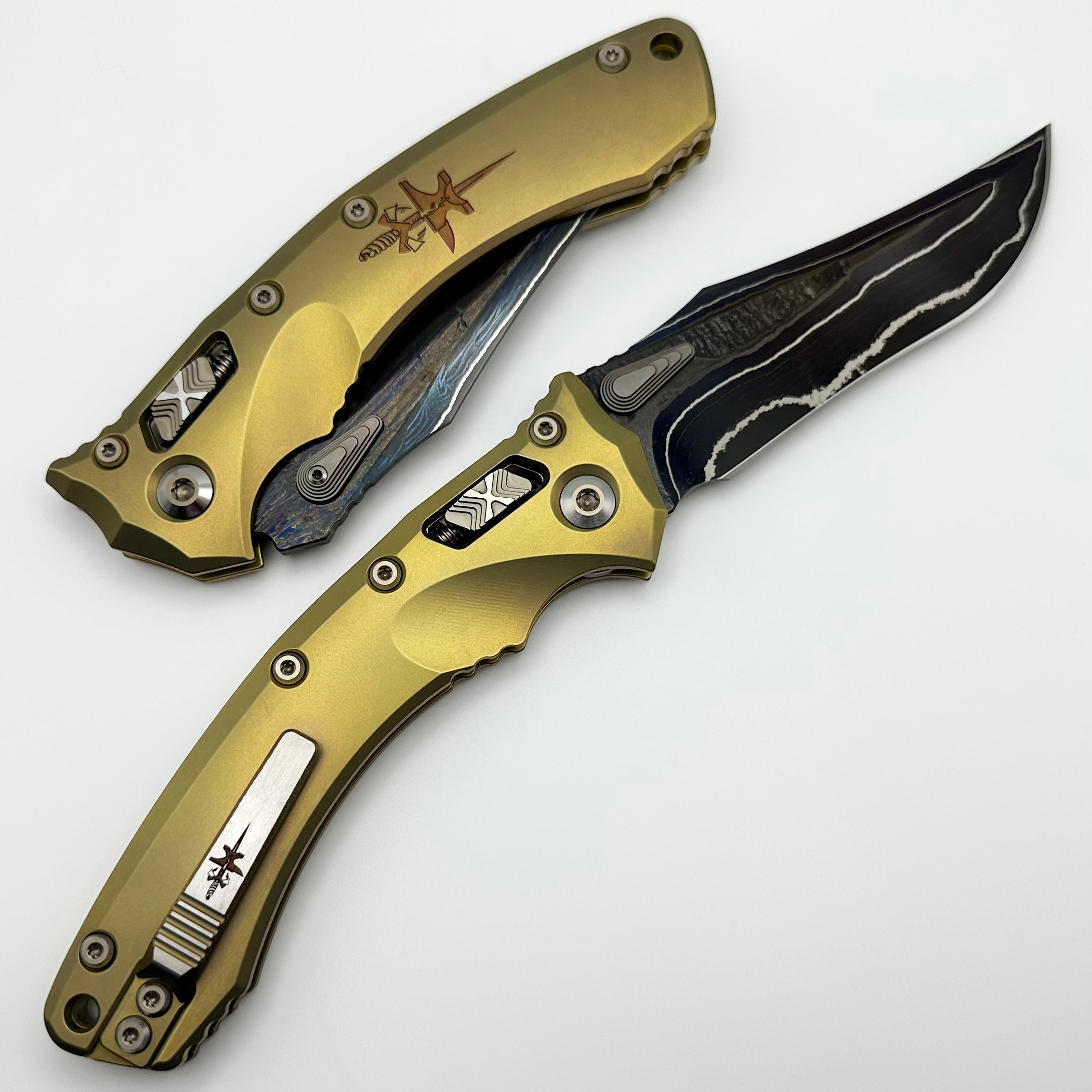 Marfione Custom Knives Amphibian RAM-LOK Metroid Sanmai - Premium Broken Anvil Damascus & Sovereign Gold Titanium