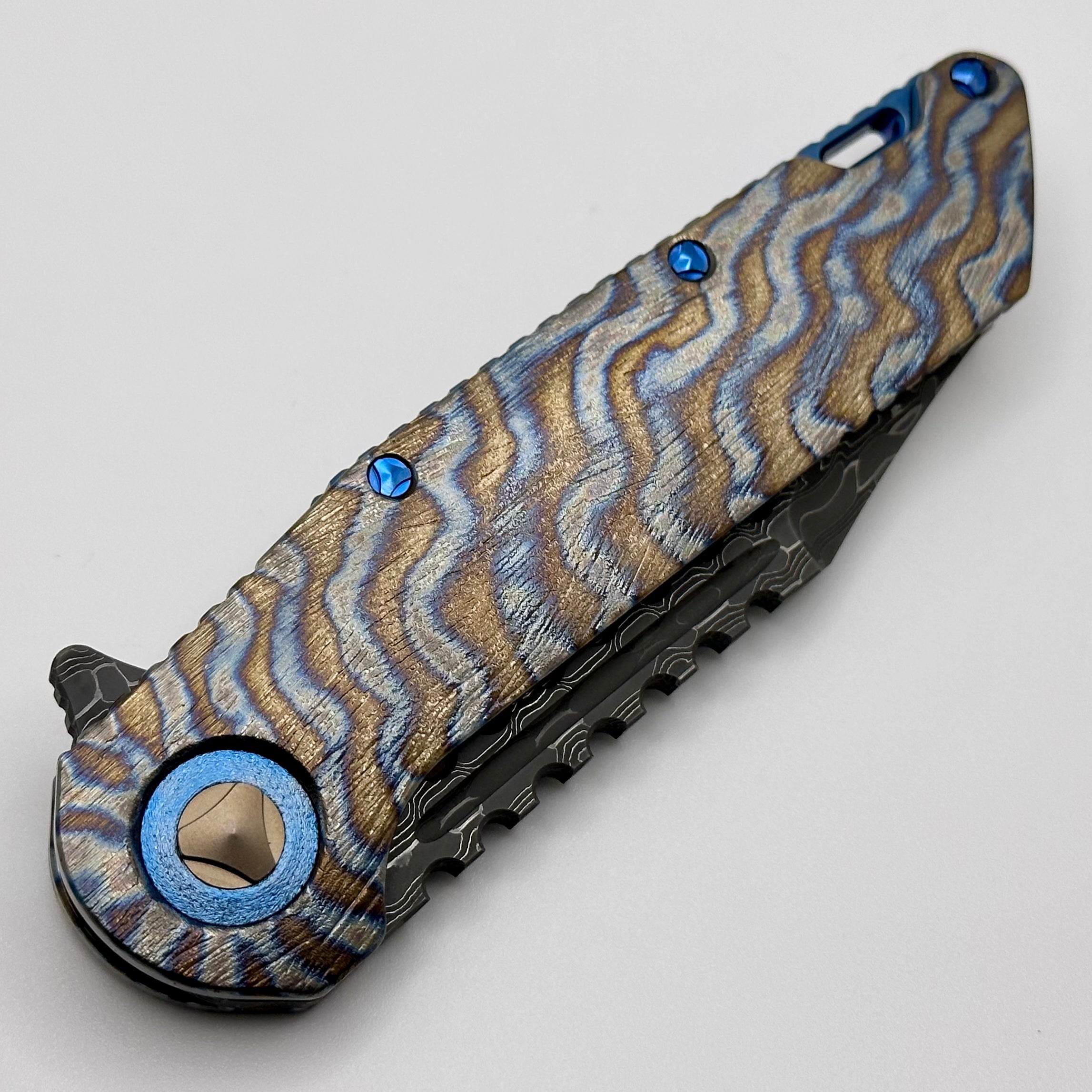 Premium Marfione Custom Warhound Titanium Knife with Blue Ti Hardware & Vegas Forge Reptilian Damascus Blade