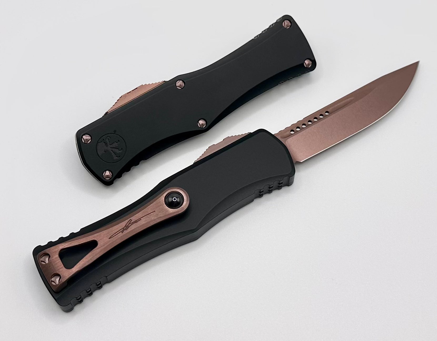 Premium Microtech Hera Deep Engraved Tactical Knife - Black & Rose Gold PVD Finish