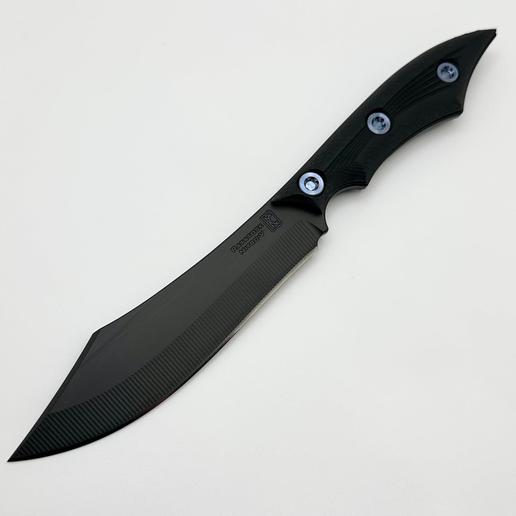 RMJ Ratatosk Ultimate Tactical Fixed Blade Knife - Black G-10 Handles & Blue Hardware