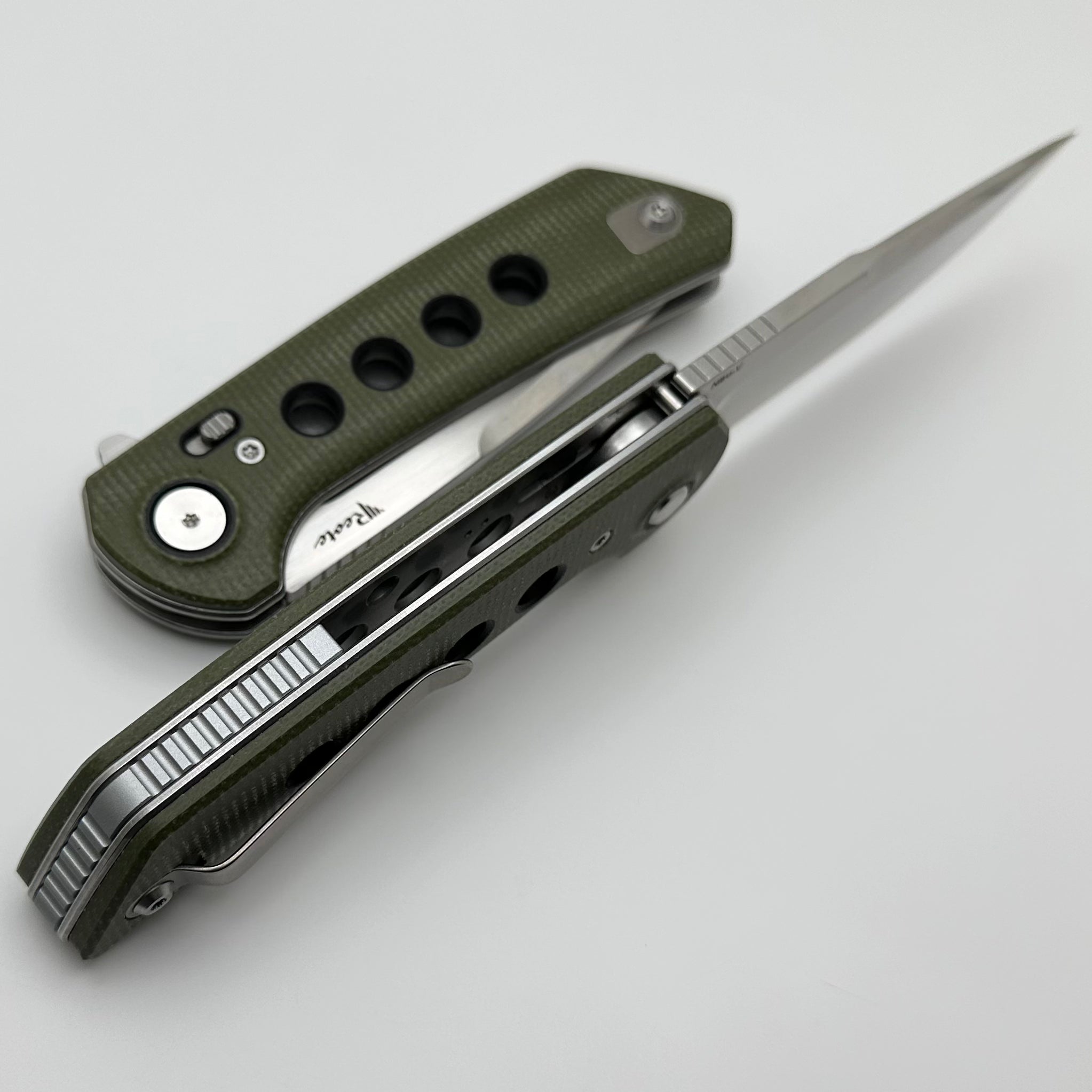 Premium Reate PL-XF Folding Knife - Green Micarta & Black G-10 Inlays, Stonewash Nitro-V Blade