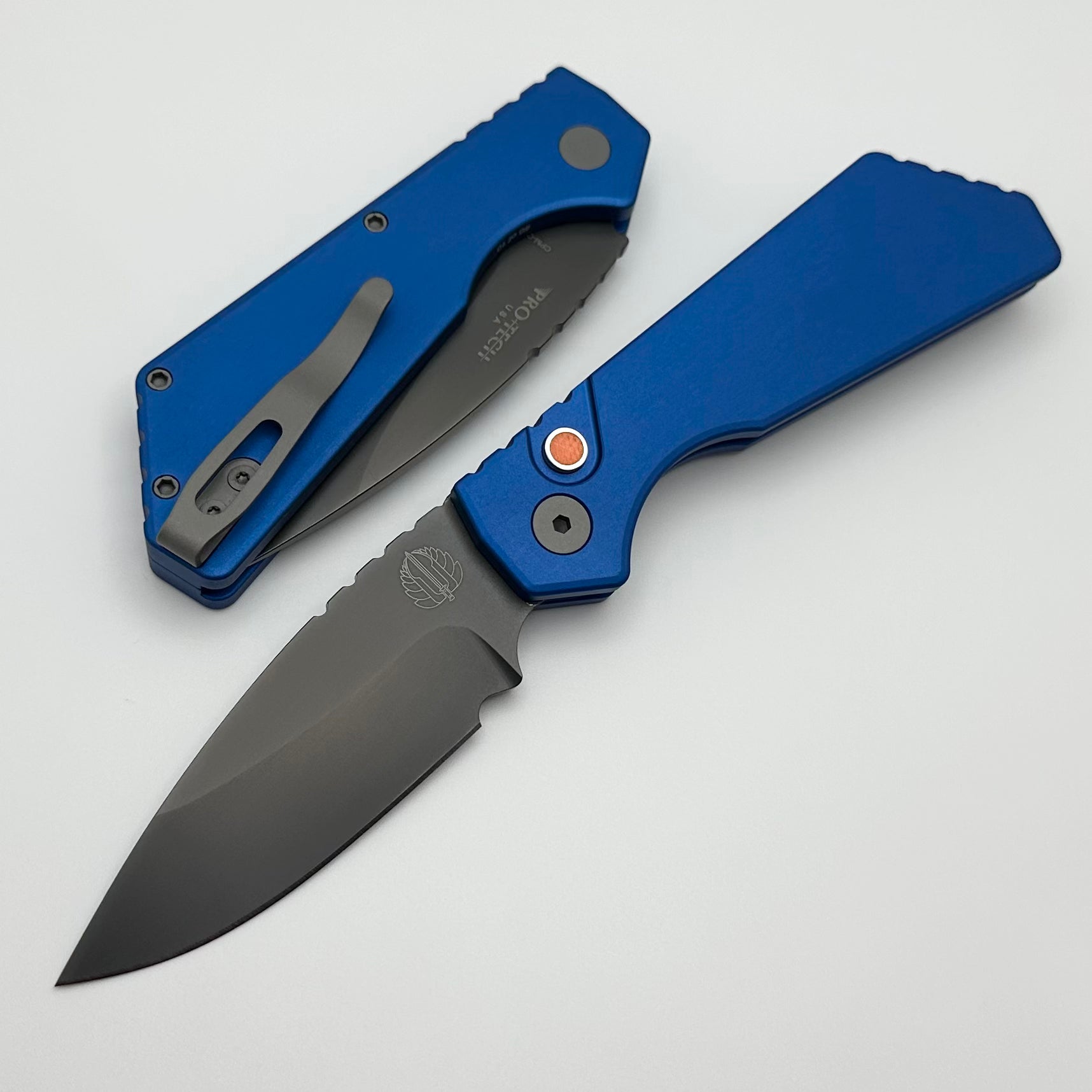 Pro-Tech PT Plus Premium Folding Knife - Blue Aluminum Handle & Smoky Gray Cru-Wear Blade