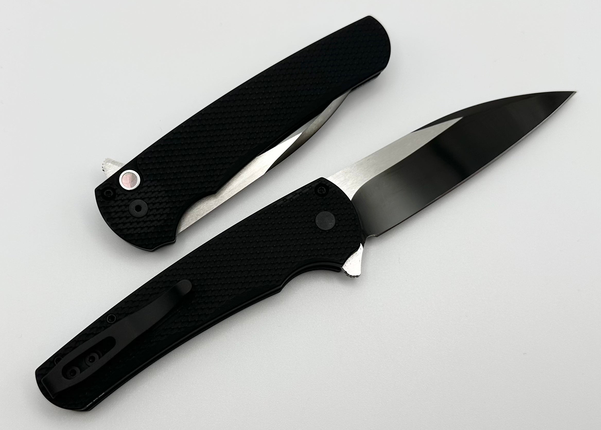 Premium Pro-Tech Malibu Knife: Textured Black with Mother of Pearl Button & Two-Tone DLC Blade