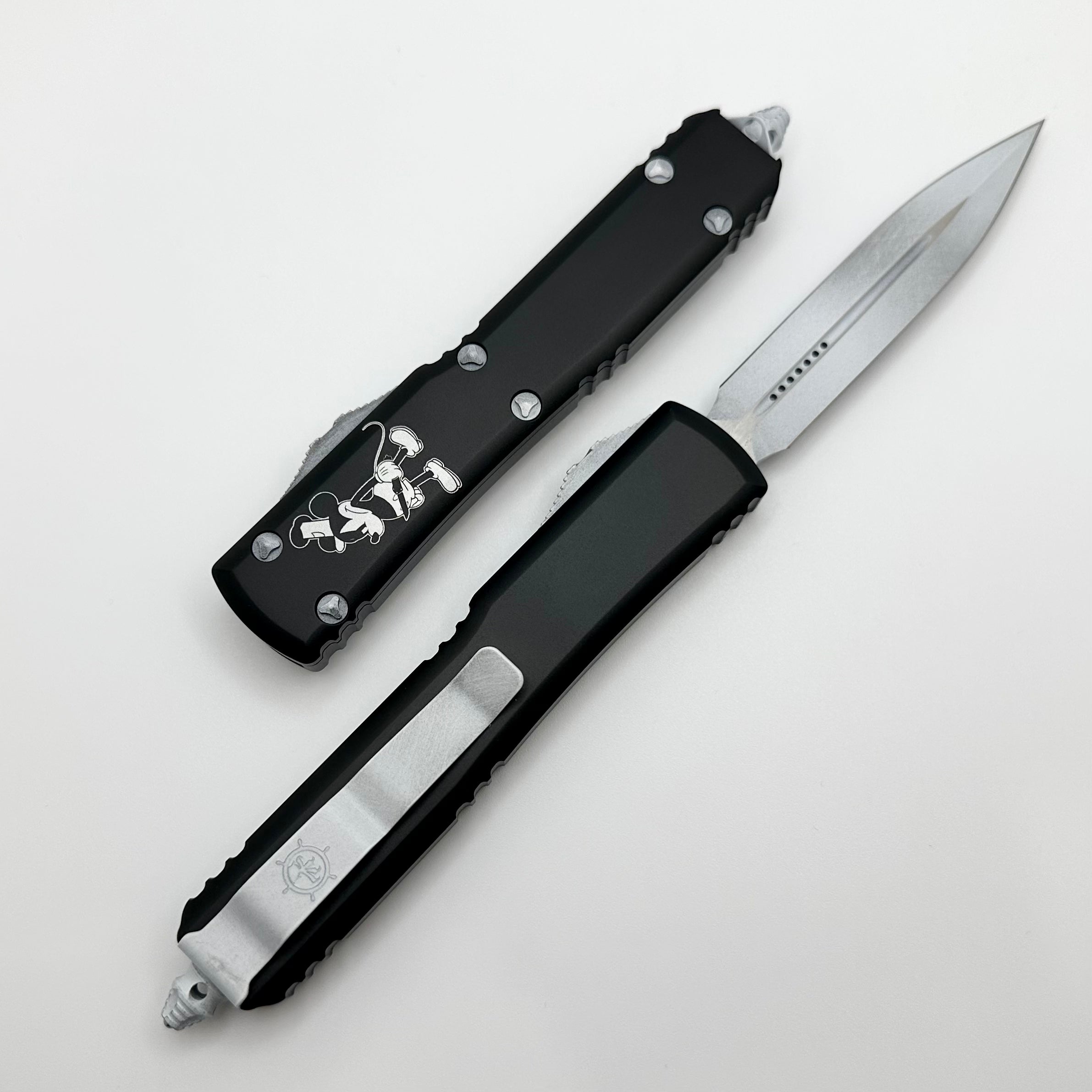 Premium Microtech Ultratech Steamboat Willie OTF Knife - Dirty White Double Edge