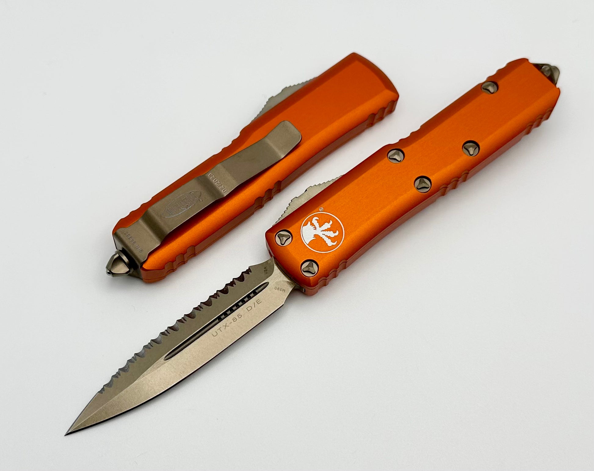 Microtech UTX-85 Premium EDC Knife - Bronze Double Edge, Full Serrated & Orange Handle