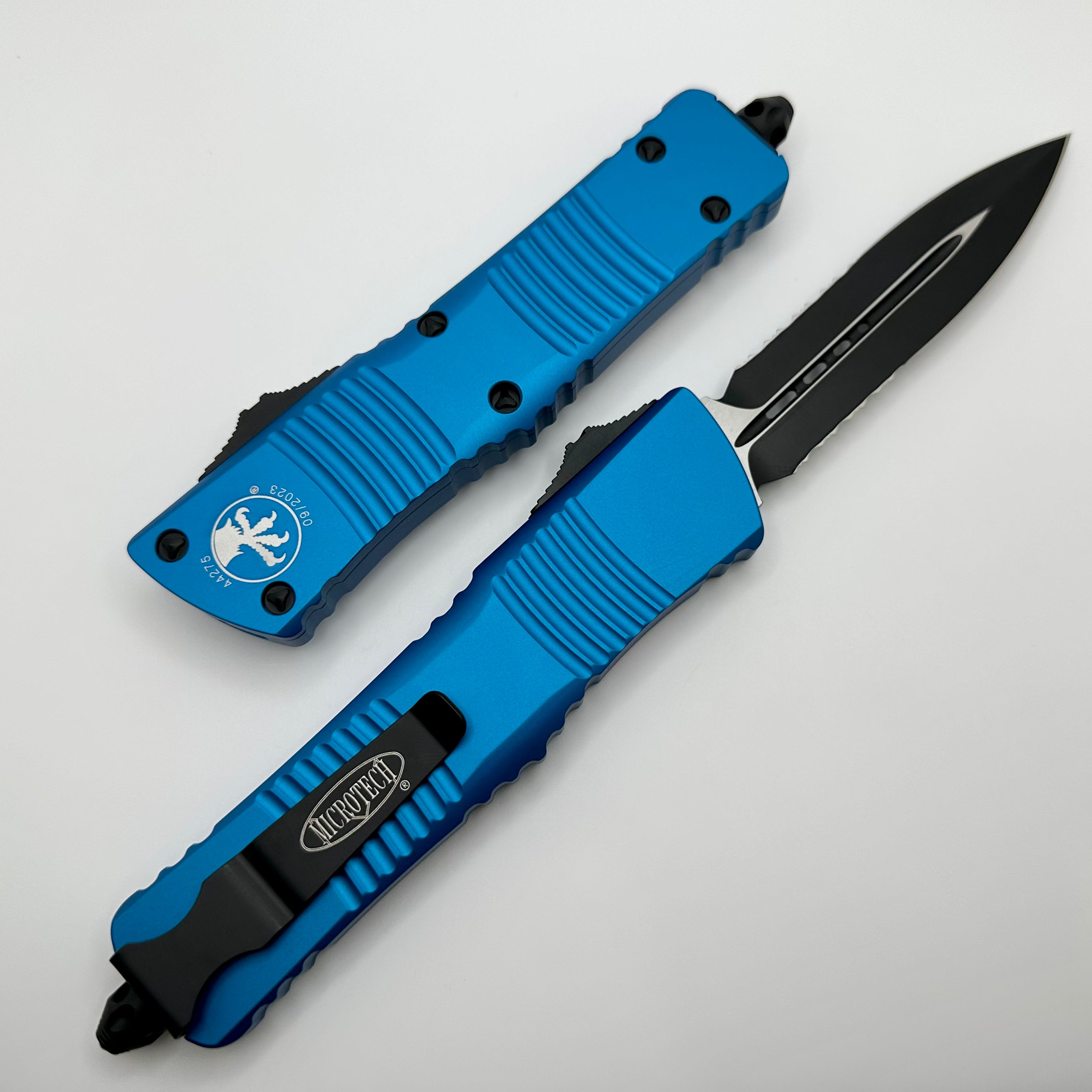 Premium Microtech Combat Troodon D/E Tactical Knife - Black Partial Serrated & Blue