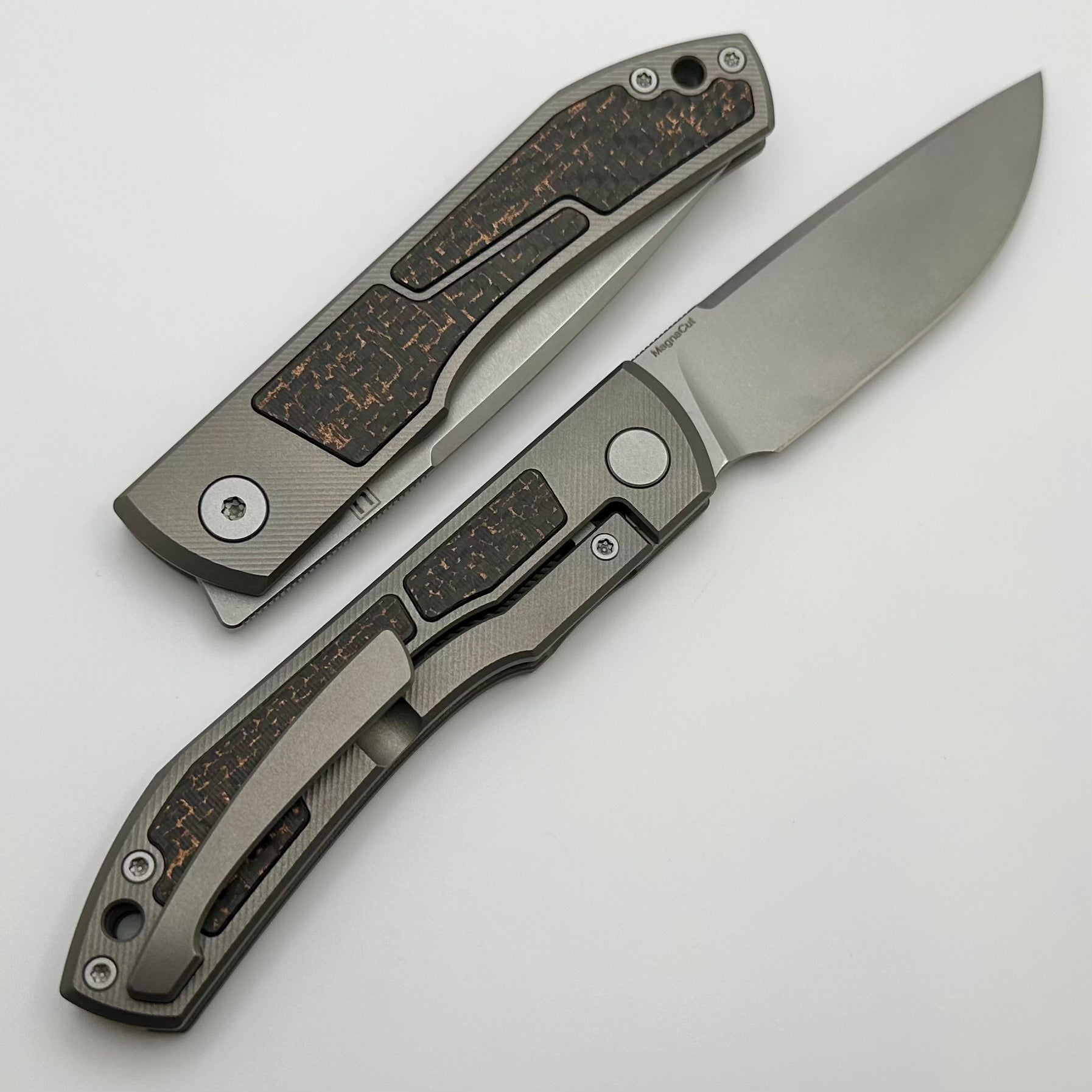 Uldanov Premium Sierra Knife: Milled Titanium Handle, Copper Snakeskin Carbon Fiber Inlays & MagnaCut Front Flipper #72