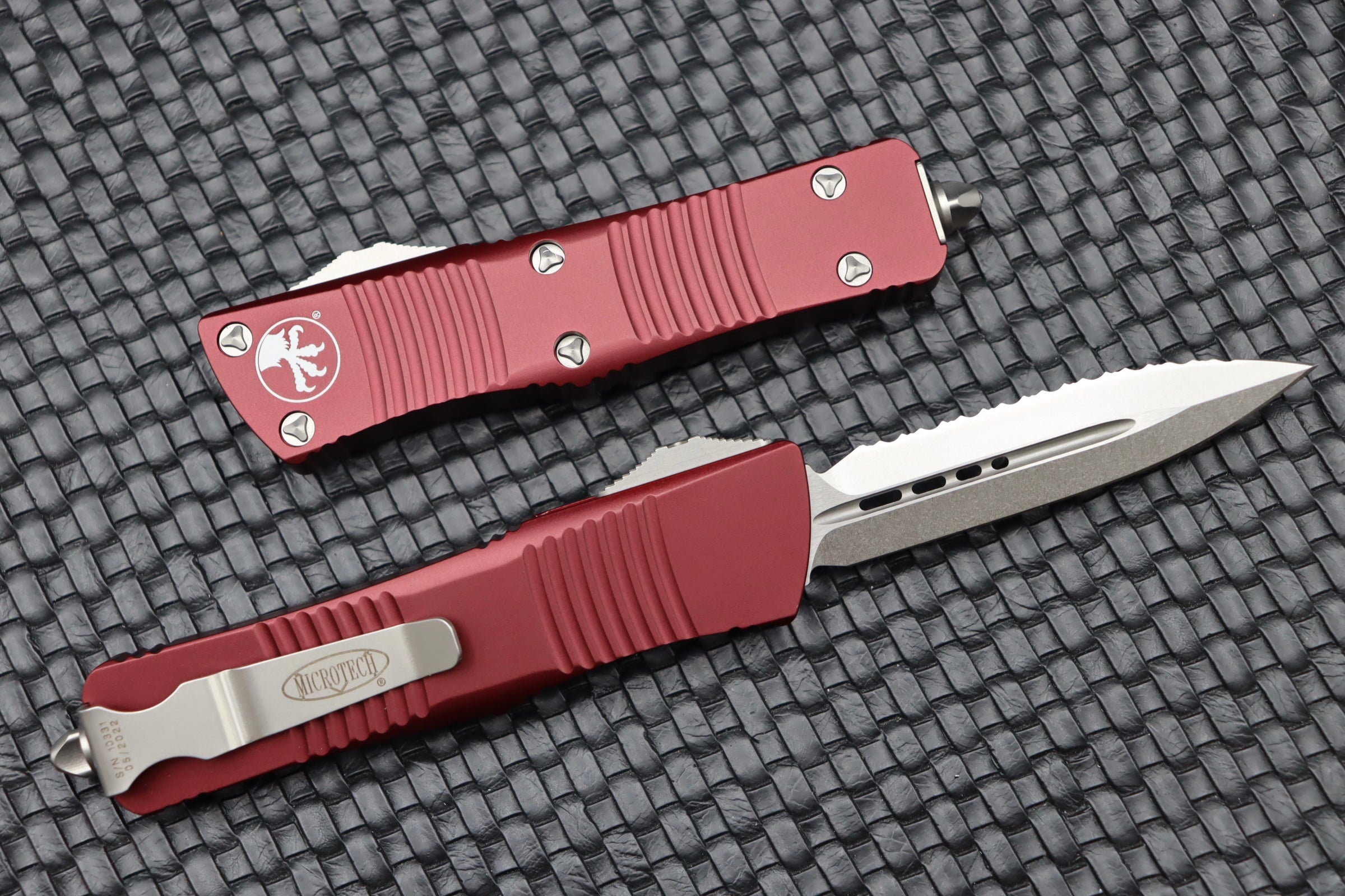 Premium Microtech Troodon Double Edge Knife - Stonewash Finish & Merlot Handle