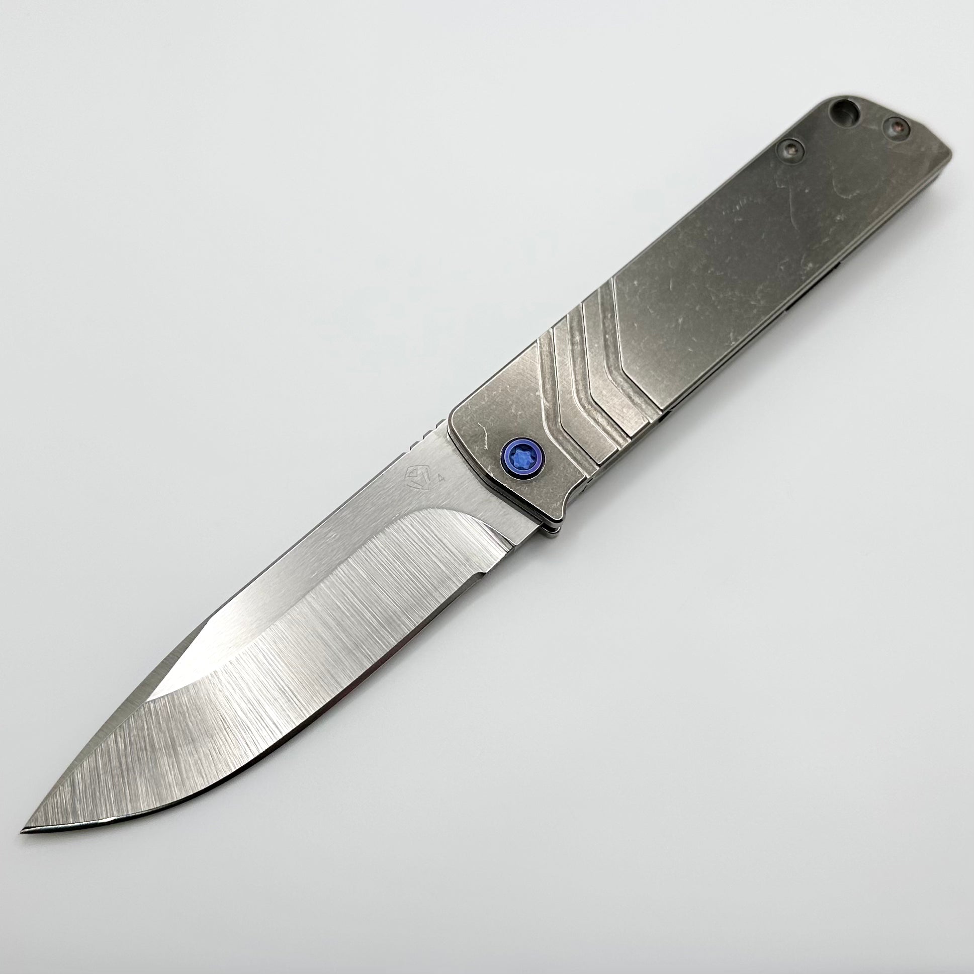 Medford Antik Premium Front Flipper Knife - Tumbled S45VN DropPoint & Titanium Handles with Blue Accents