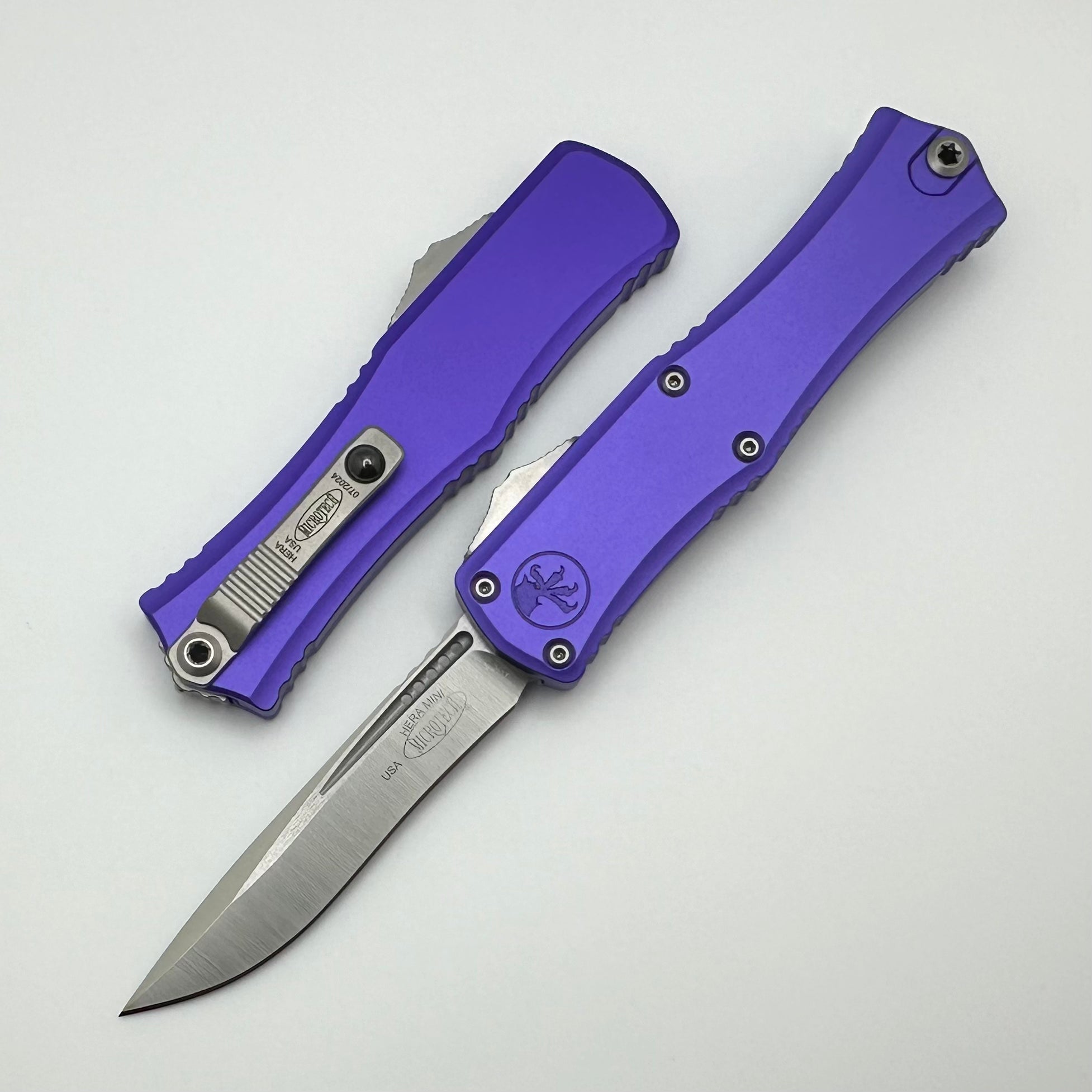 Premium Microtech Mini Hera Satin Recurve Knife - M390MK Steel, Purple Aluminum Handle