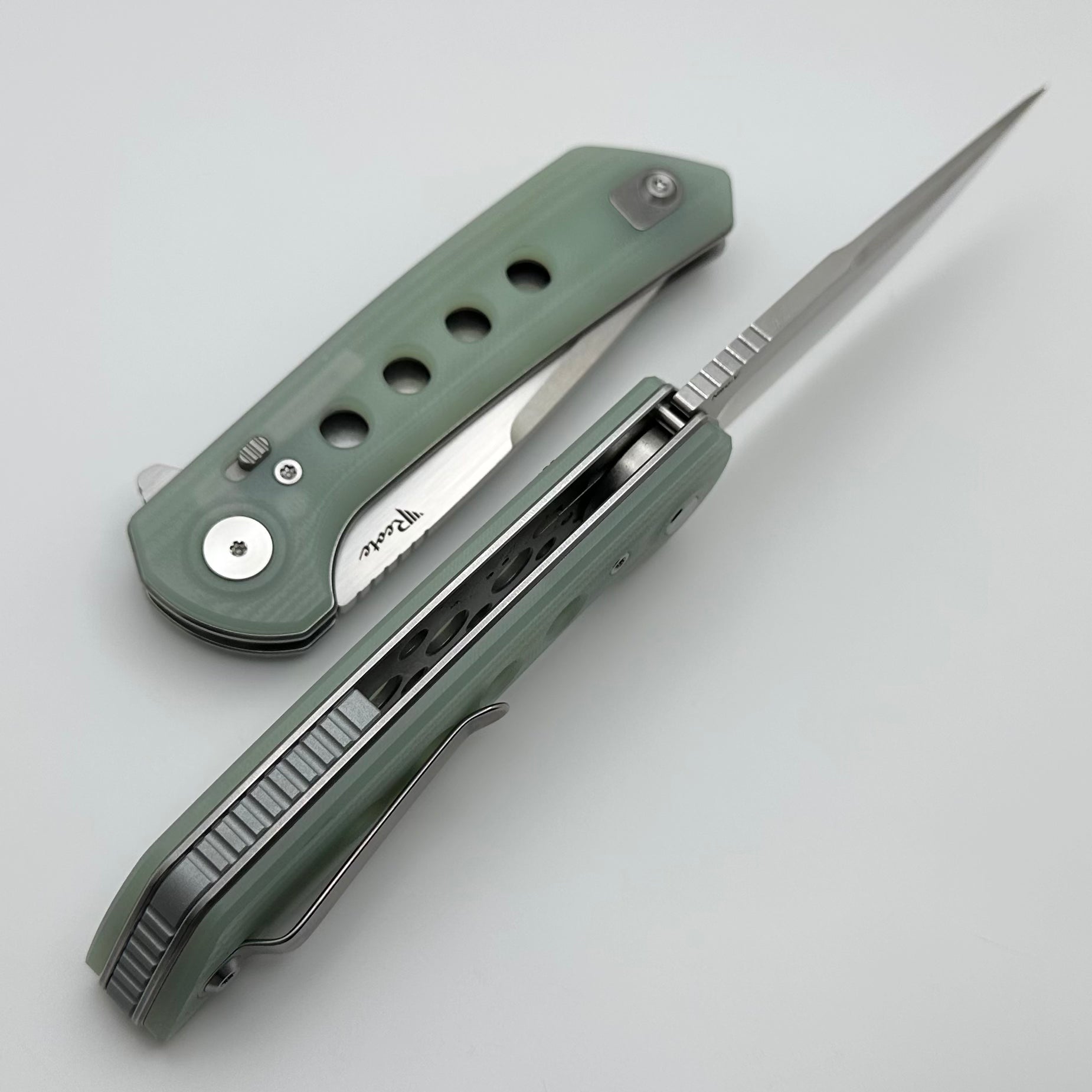 Reate Knives PL-XF Premium Folding Knife - Jade G-10 Handles & Stonewash Nitro-V Blade