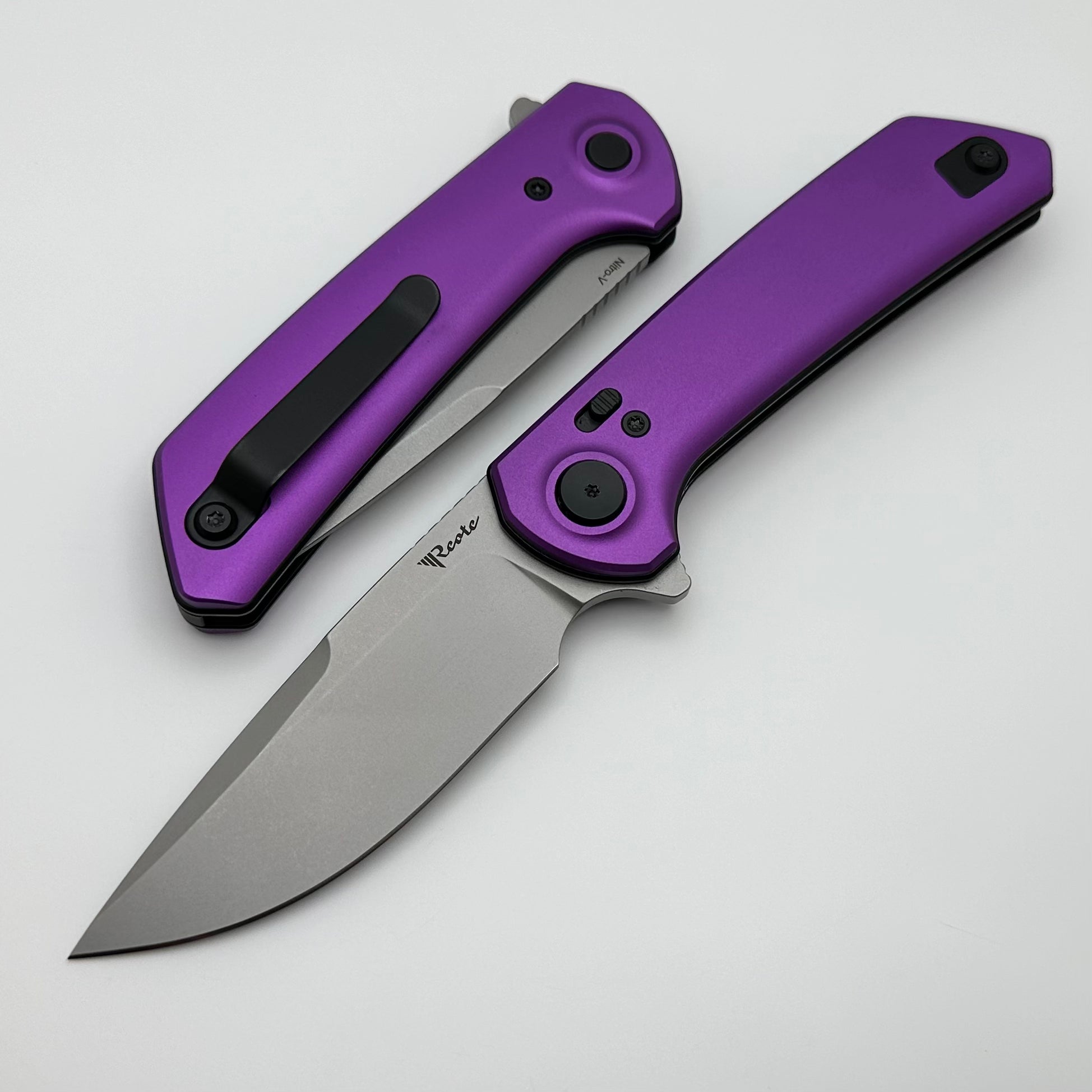 Reate Knives PL-XF Premium Folding Knife - Purple Aluminum Handles & Stonewash Nitro-V Blade