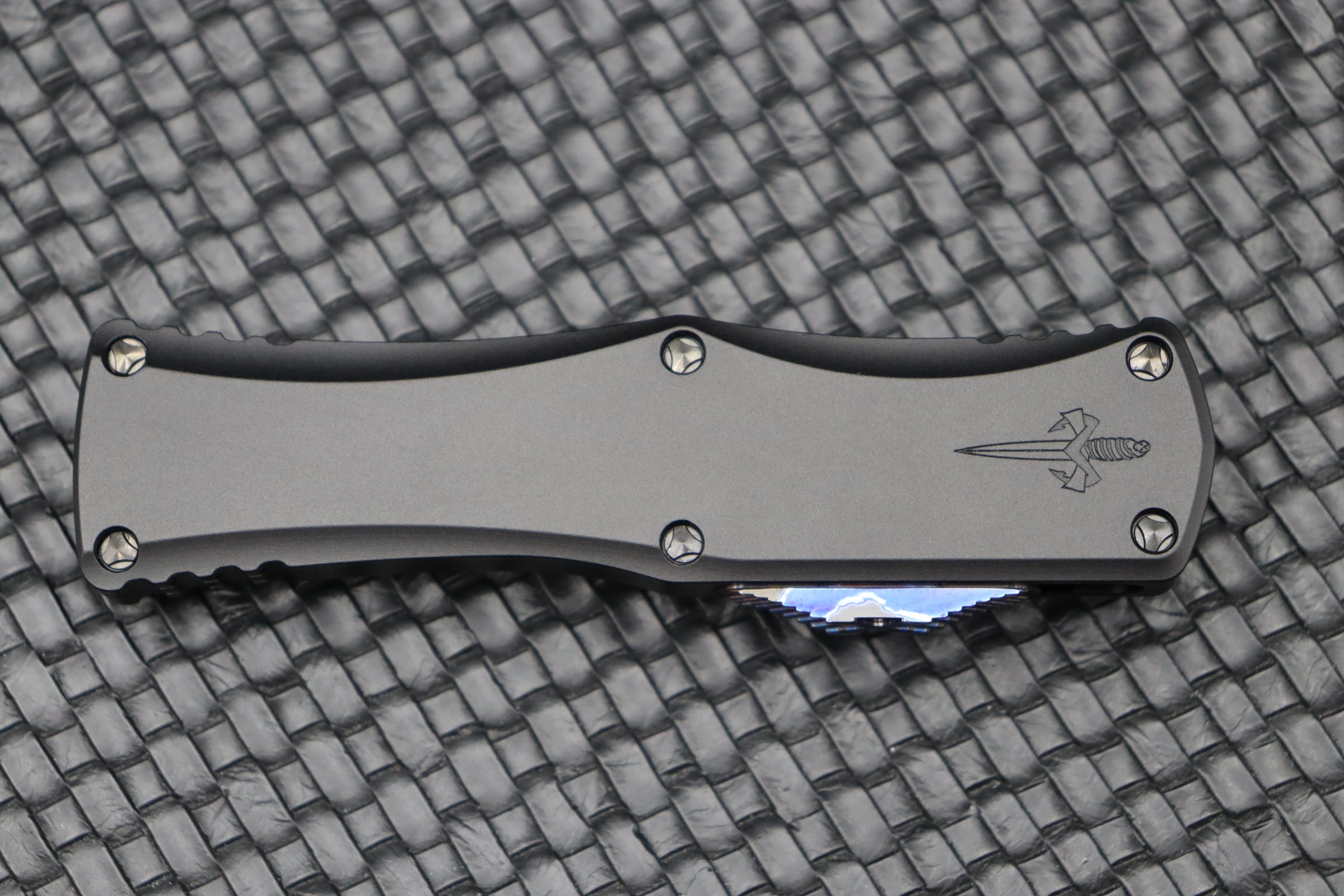 Premium Marfione Hera D/E Spike Knife - Vegas Forge Reptilian Damascus & Black Anodized Handle