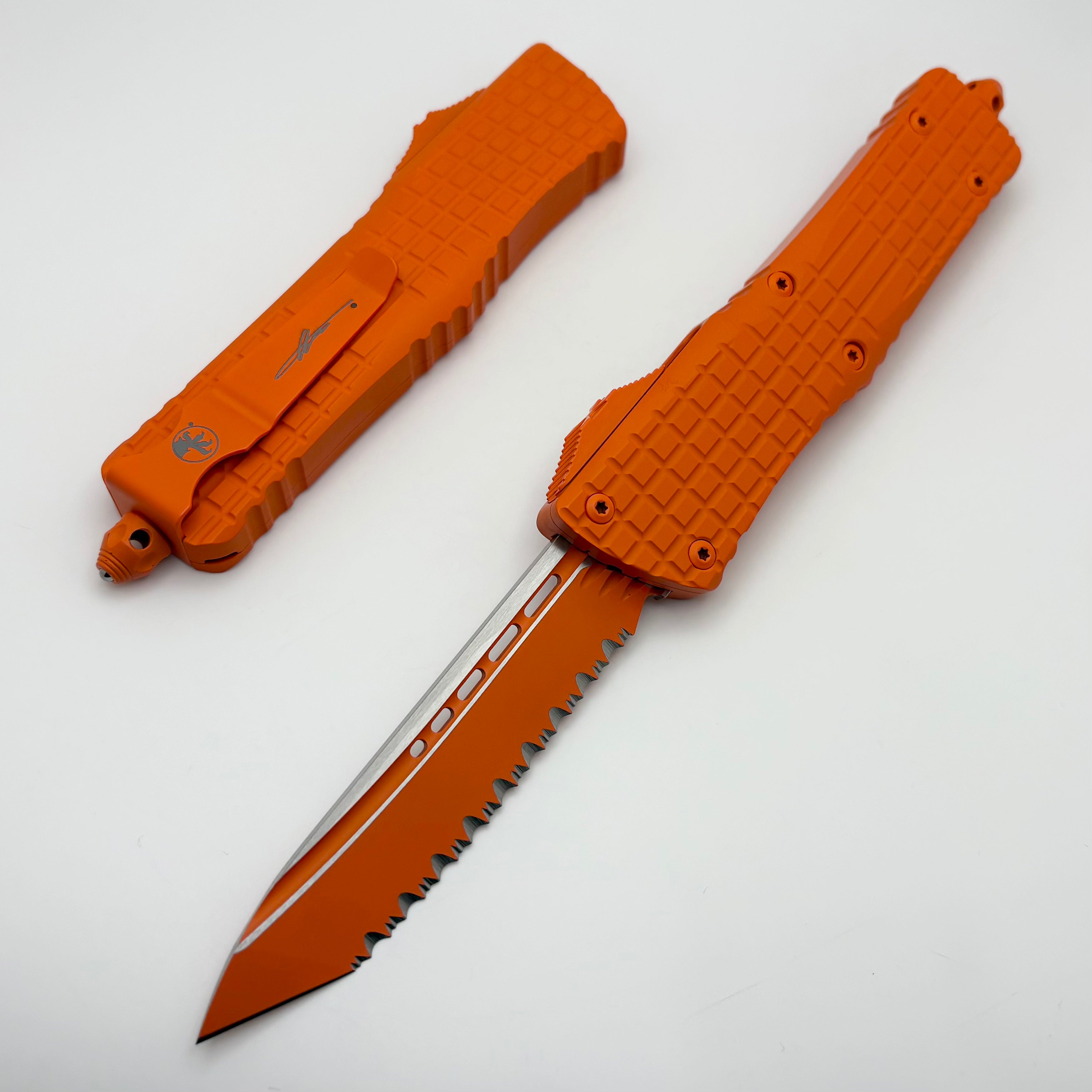 Premium Microtech Combat Troodon Automatic Knife - Orange Cerakote Frag w/ Full Serrated T/E