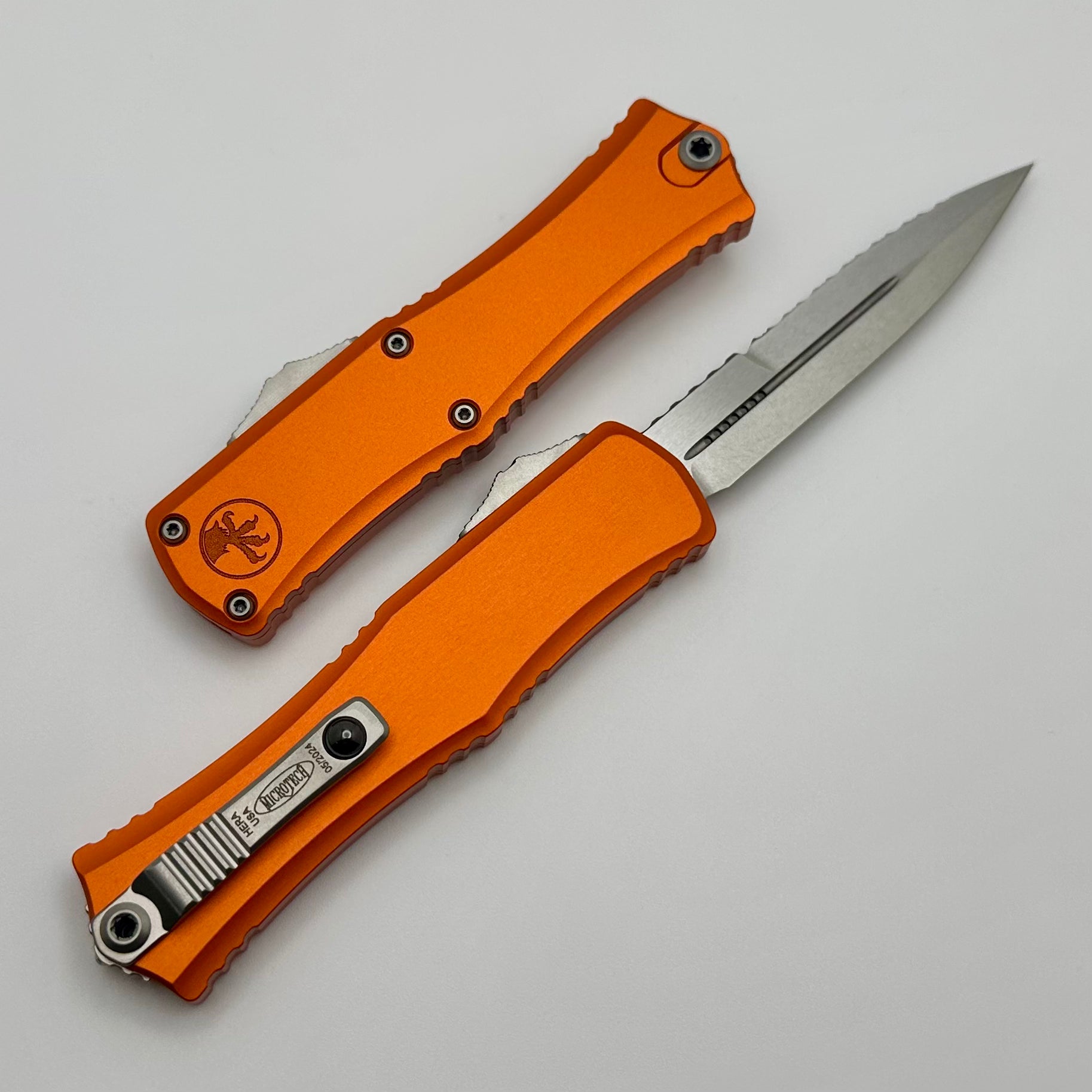 Microtech Mini Hera OTF Knife - Ultimate EDC with Full Serrated M390MK Blade & Orange Handle