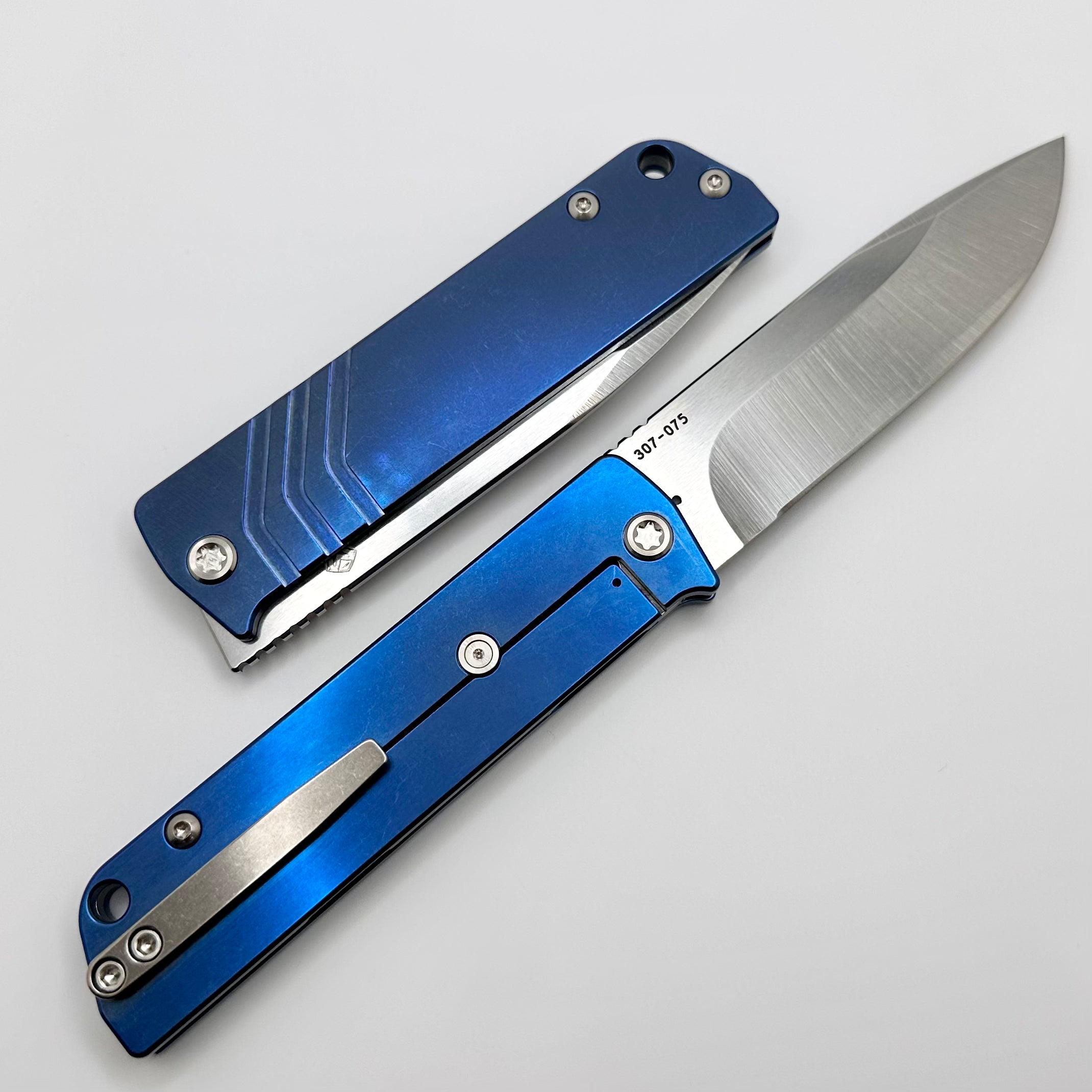 Medford Antik Front Flipper Knife - Premium Tumbled S45VN Drop Point & Blue Titanium Handles