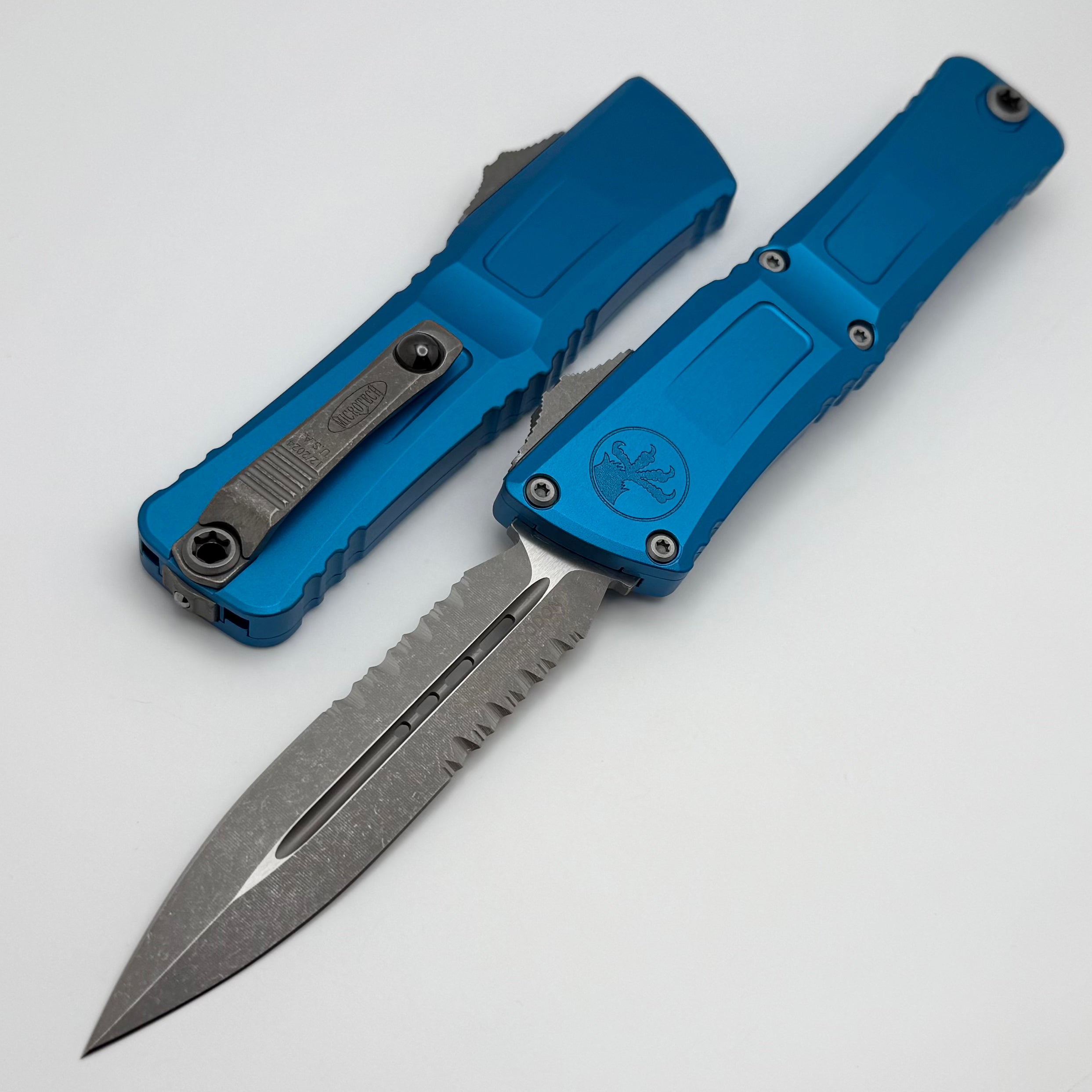 Premium Microtech Combat Troodon Gen III OTF Knife - Apocalyptic Partial Serrated D/E with Blue Handle