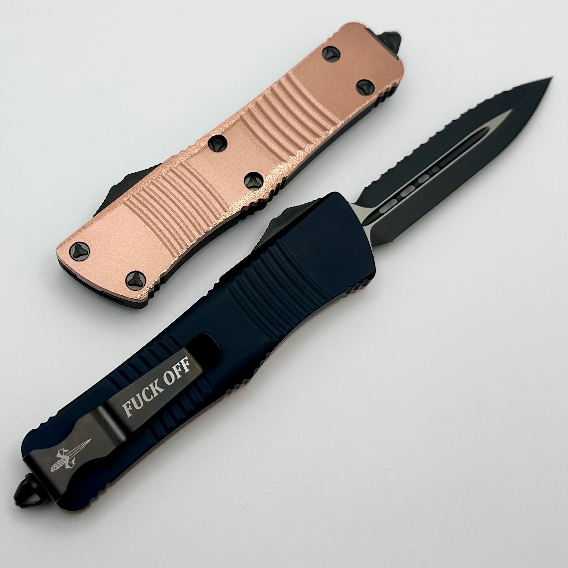 Premium Microtech Troodon D/E Stippled Copper Top with DLC Full Serrated Edge - Ultimate Utility Knife