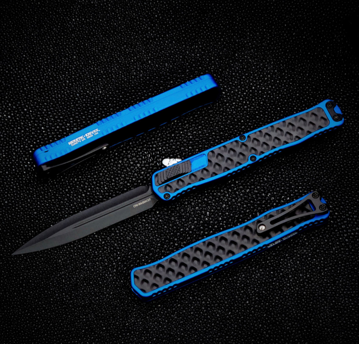 Heretic Knives Cleric II 2 - Ultimate Black Double Edge Magnacut Knife with Blue & Black Stainless Bubble Inlays