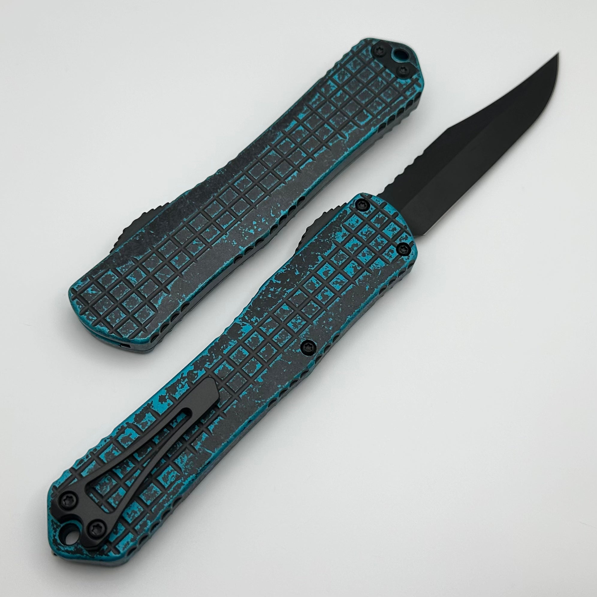 Heretic Knives Manticore X Ultimate Tactical OTF Knife - Turquoise Grenade Frag Handle & DLC Bowie MagnaCut