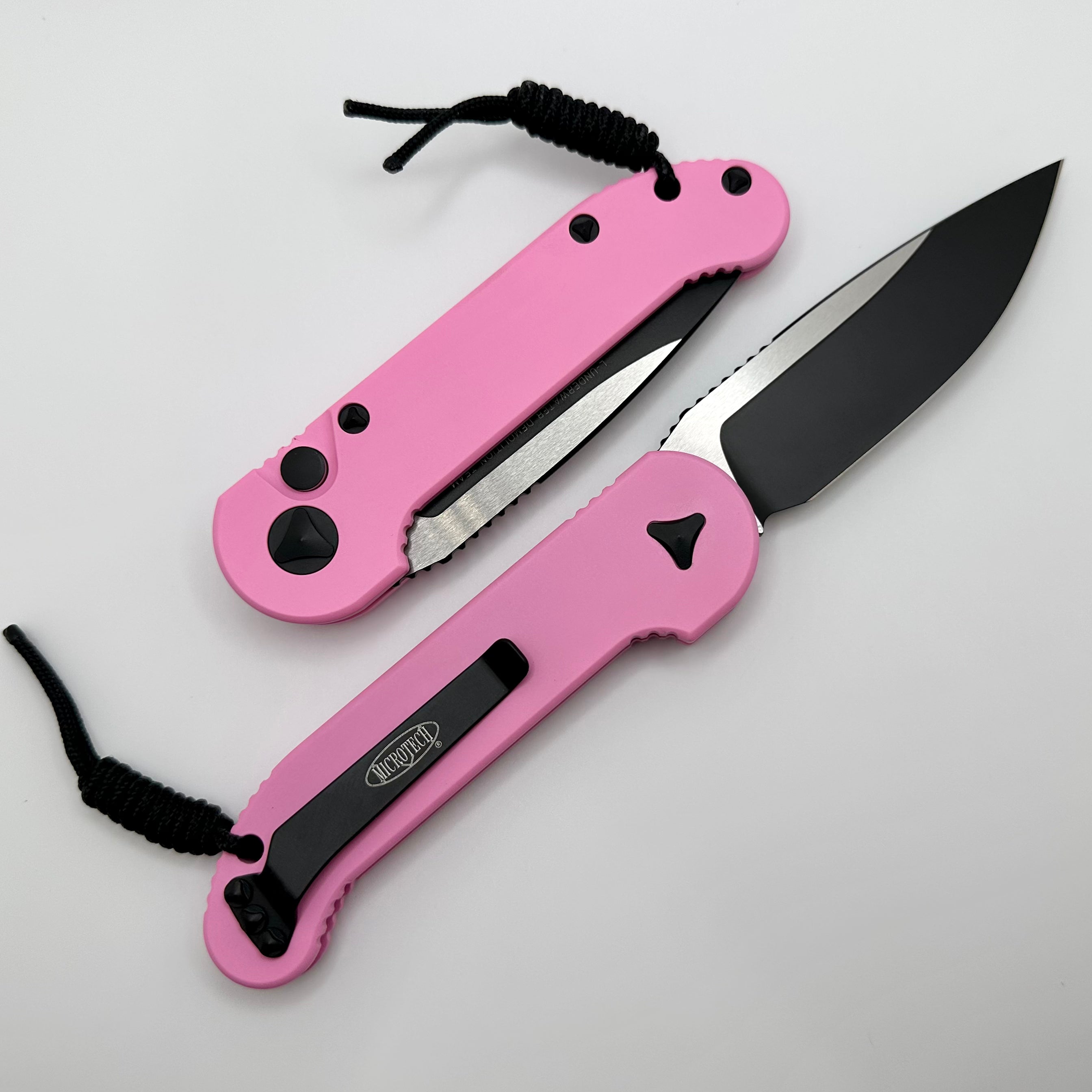 Microtech L.U.D.T Ultimate Tactical Knife - Pink Handle & Two-Tone Black Blade