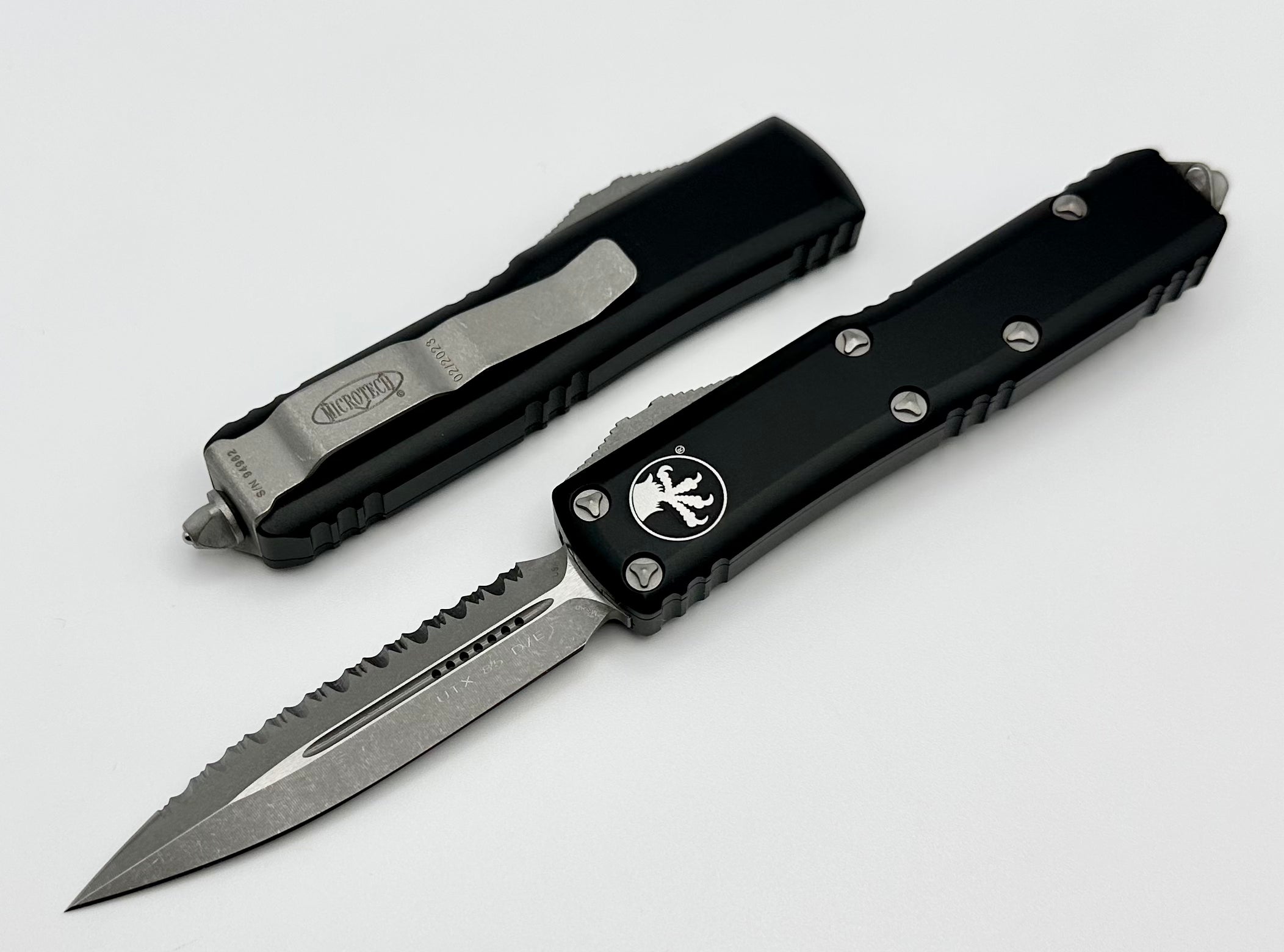 Premium Microtech UTX-85 Double Edge Apocalyptic Full Serrated & Black Tactical Knife