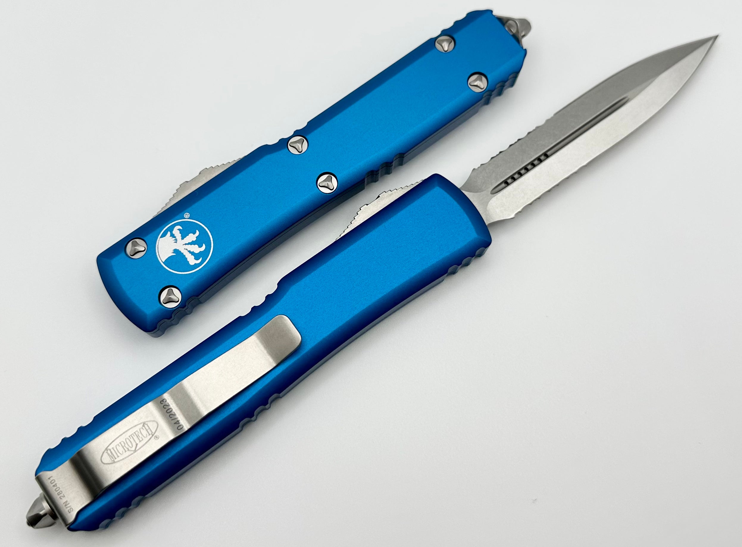 Microtech Ultratech Premium Double Edge Tactical Knife - Stonewash & Blue Finish