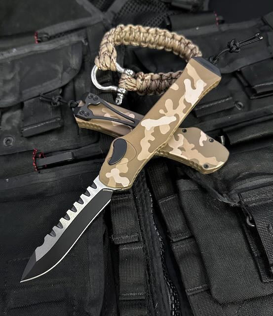 Heretic Hydra V3 Ultimate Tactical Knife - Tan Camo Aluminum Handle & Two Tone Cerakote Recurve MagnaCut