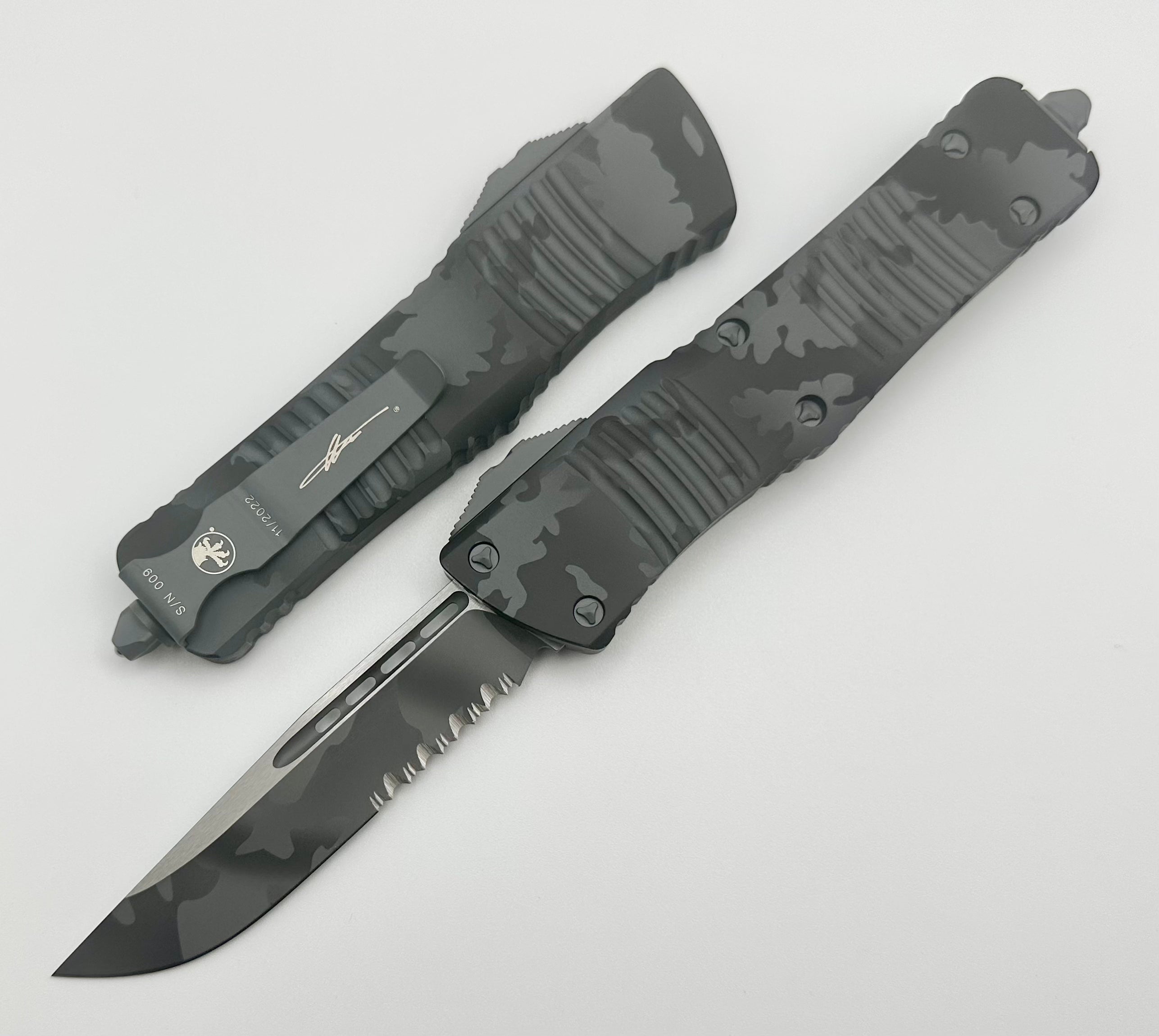 Microtech Combat Troodon Urban Camo Tactical OTF Knife - Premium Single Edge with Partial Serration