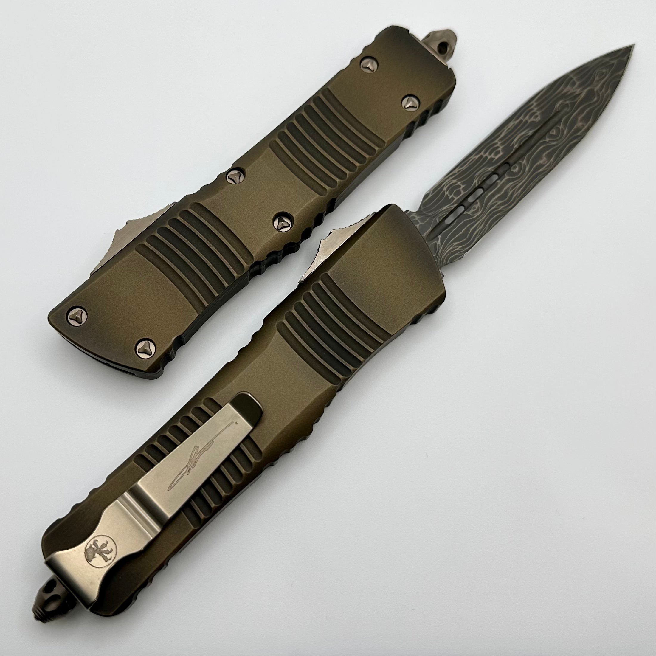 Premium Microtech Combat Troodon - Antique Bronze with Bronzed Damascus Double Edge