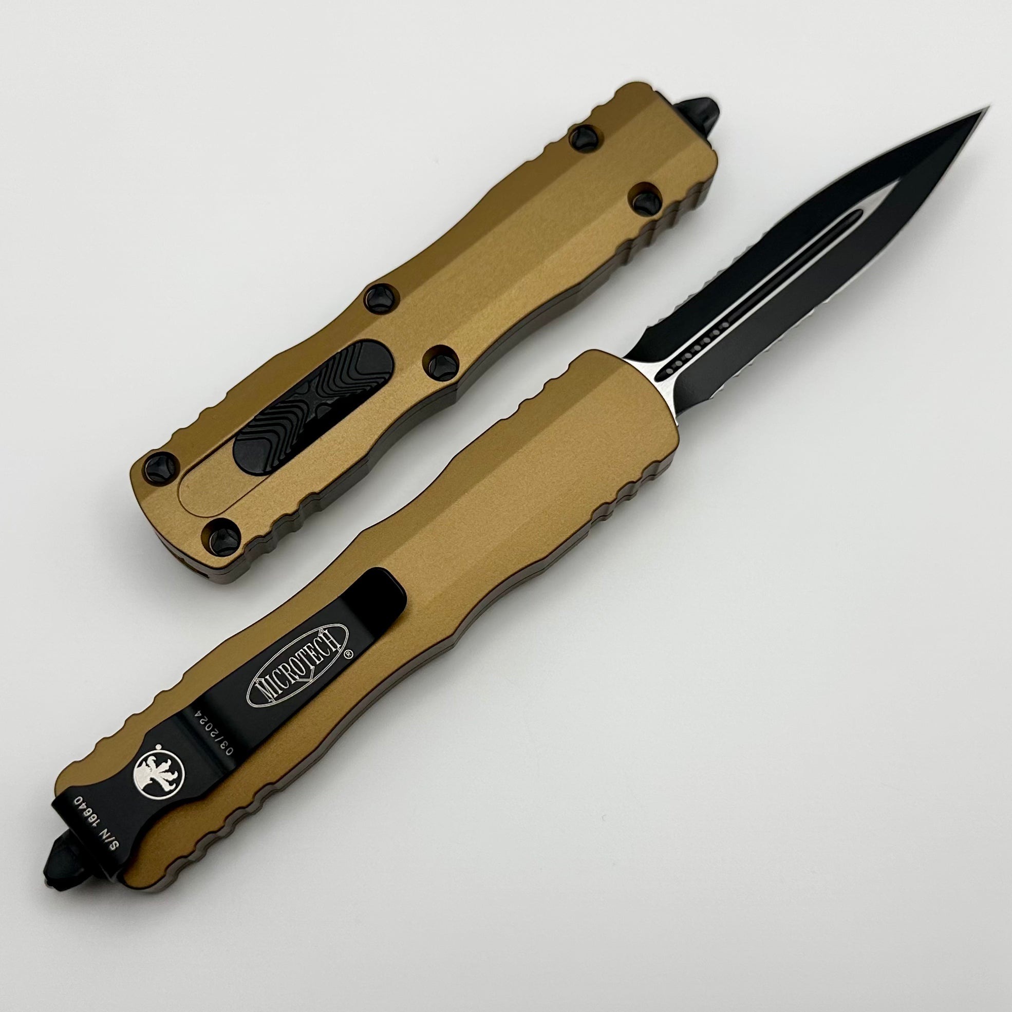 Microtech Dirac Premium Double Edge Tactical Knife - Black Partial Serrated & Tan