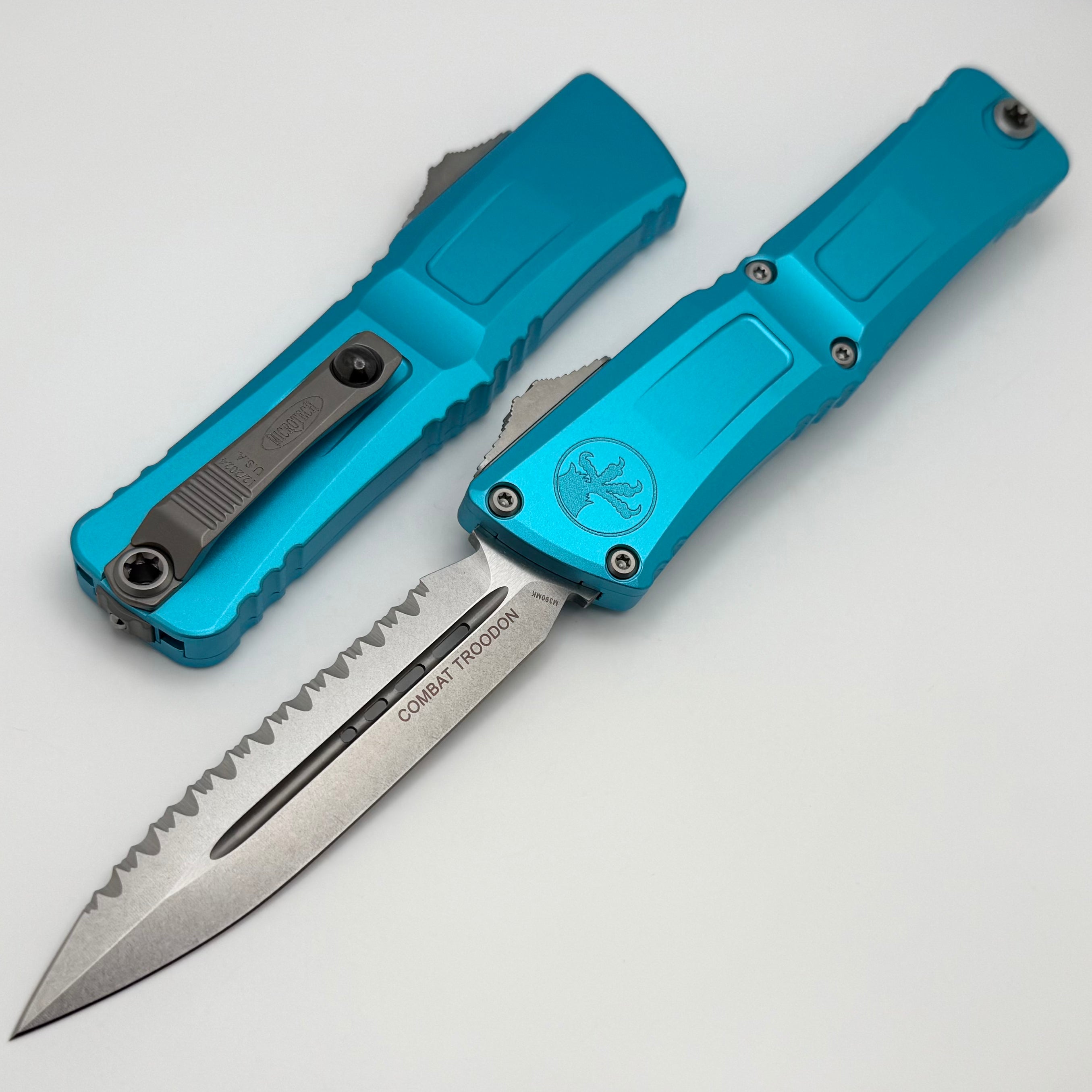 Premium Microtech Combat Troodon Gen III OTF Knife - Full Serrated Double Edge with Turquoise Handle