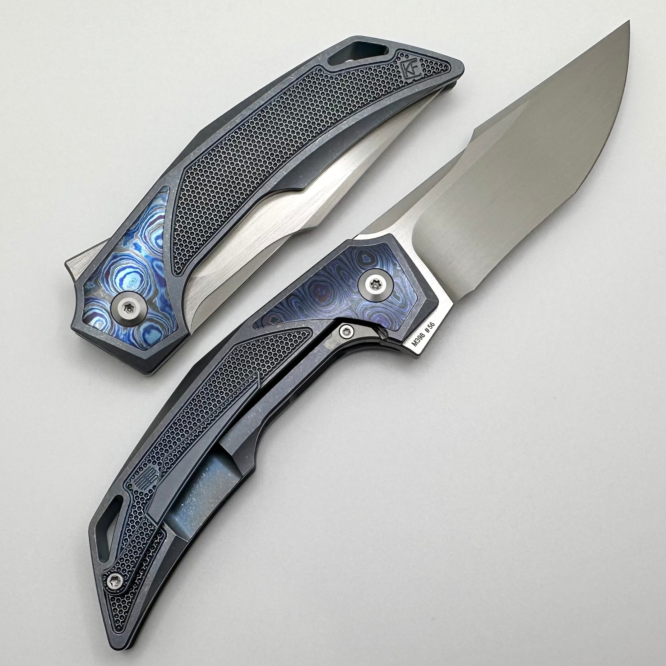 Premium Custom Knife Factory Justice EDC - Blue Tumble w/ ZircuTi & M398 Blade