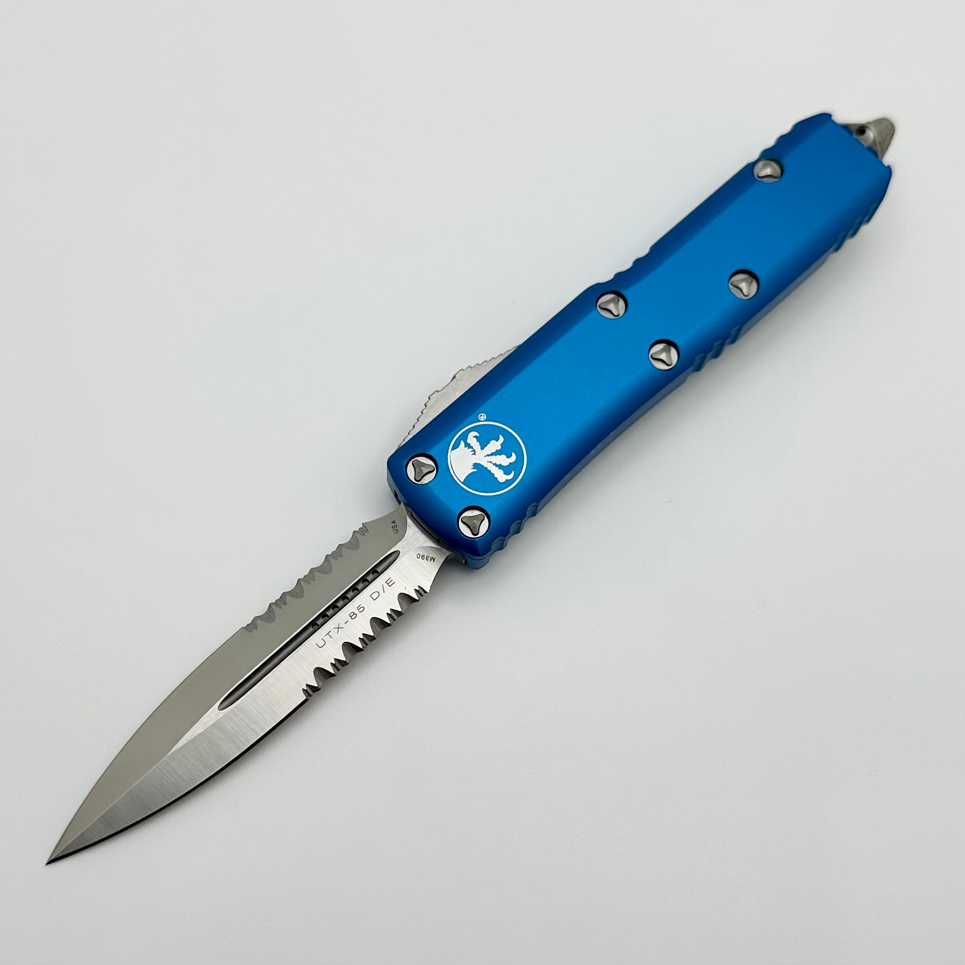 Premium Microtech UTX-85 Tactical Knife - Satin Double Edge with Blue Handle