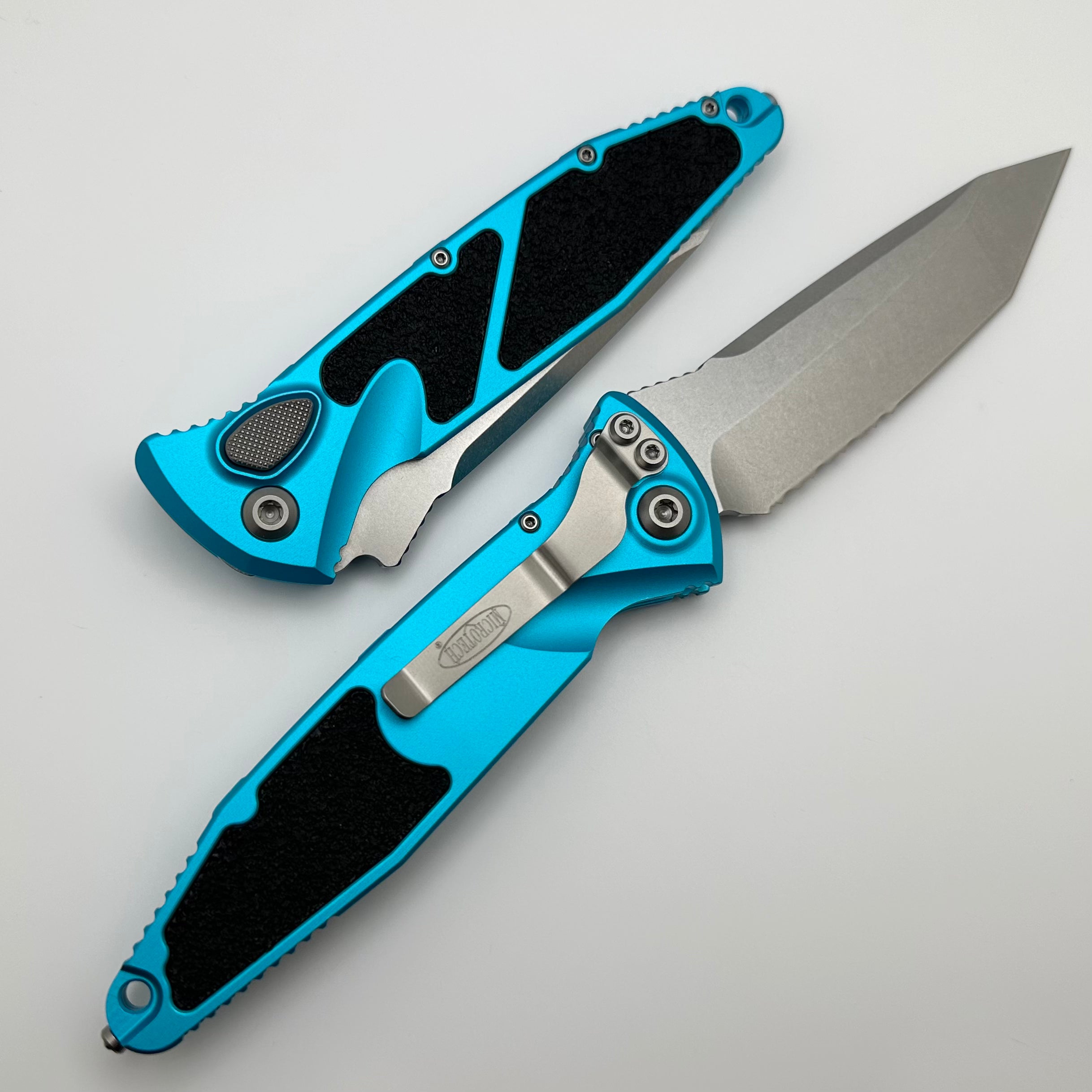 Microtech Socom Elite Auto Tactical Knife - Turquoise Handles, Stonewash Tanto Partial Serrated Blade