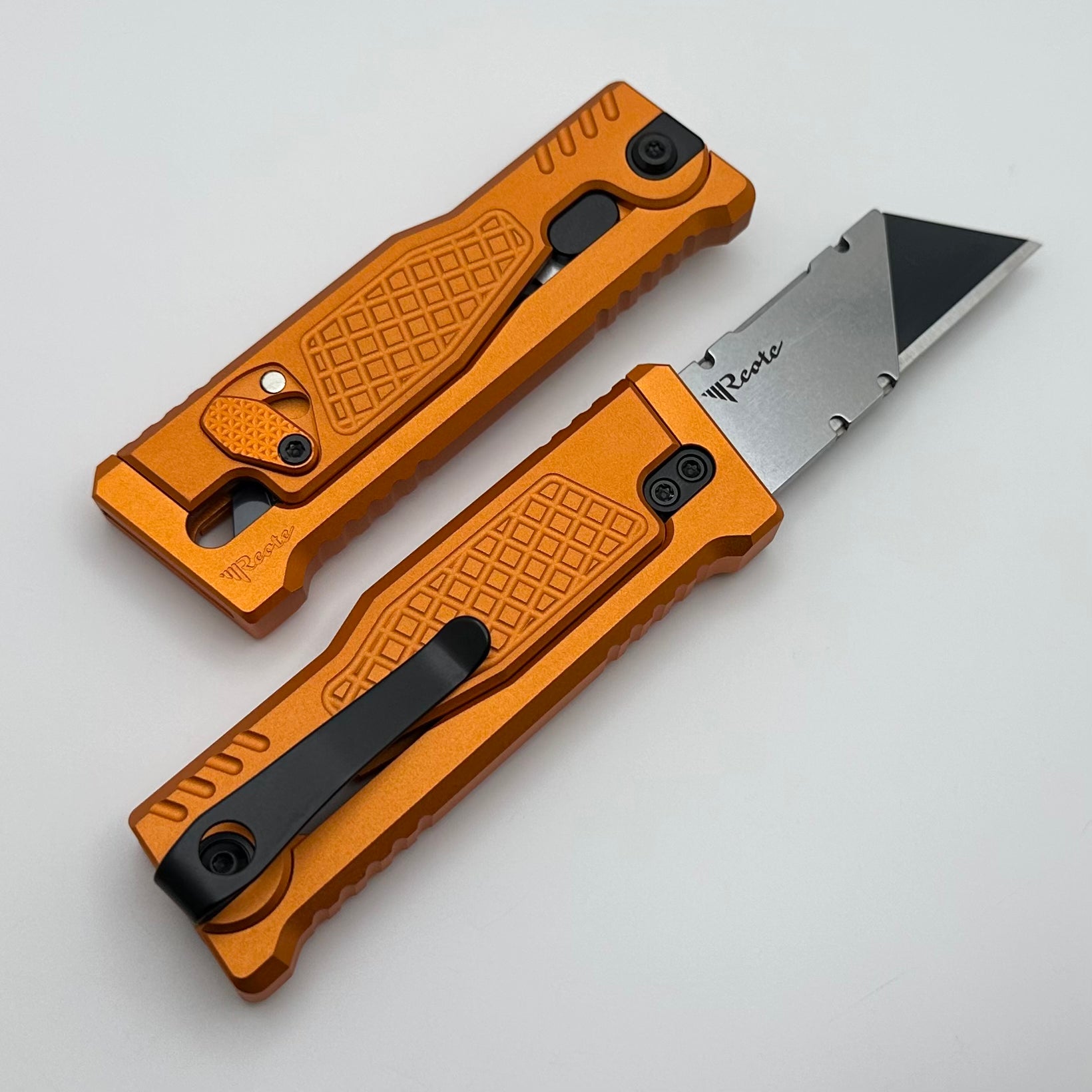 Reate EXO-U Premium Utility Knife with Diamond Pattern Orange Aluminum Handle