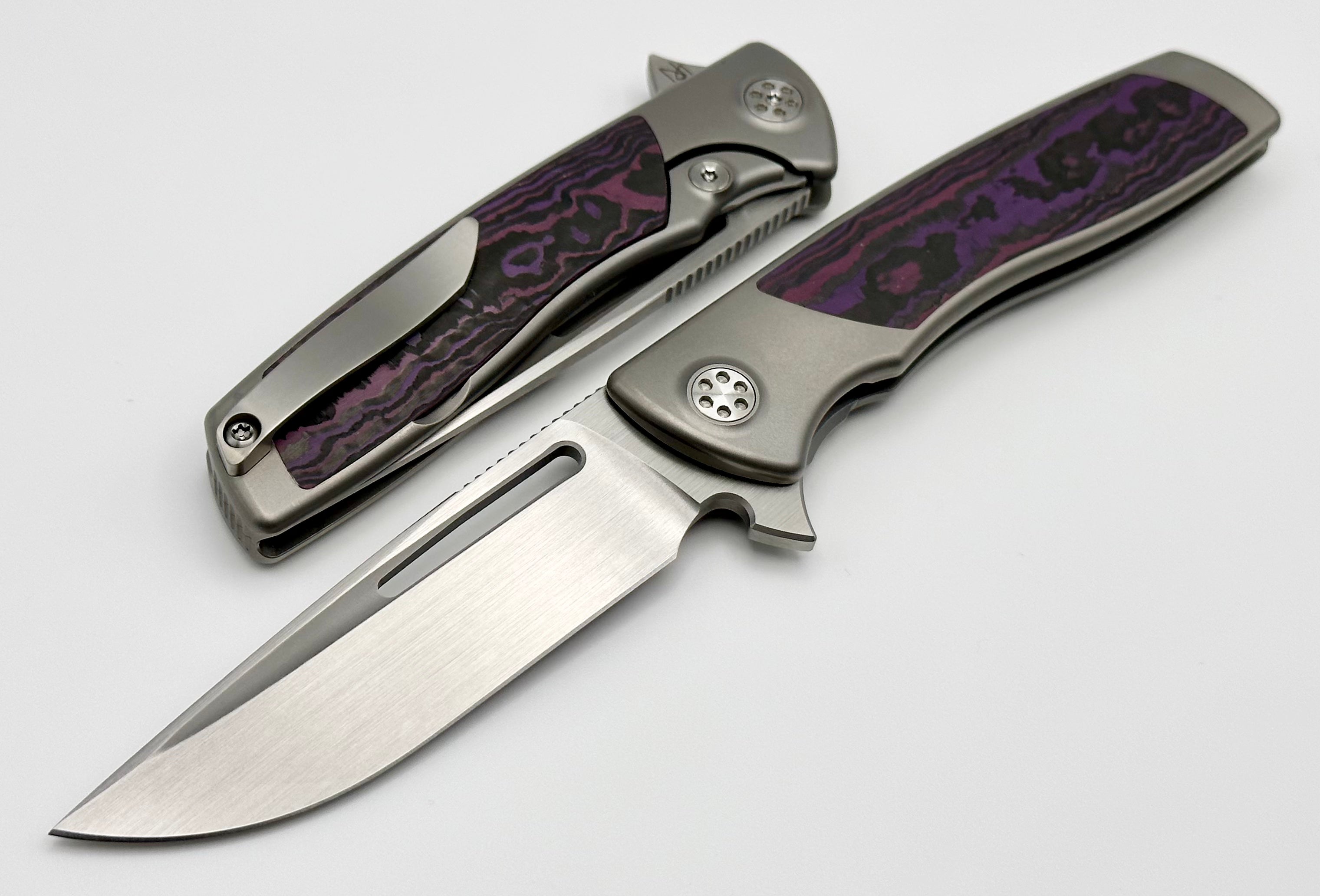 Premium SharpByDesign Mini Evo: Purple Haze Fat Carbon Edition with M390 Drop Point