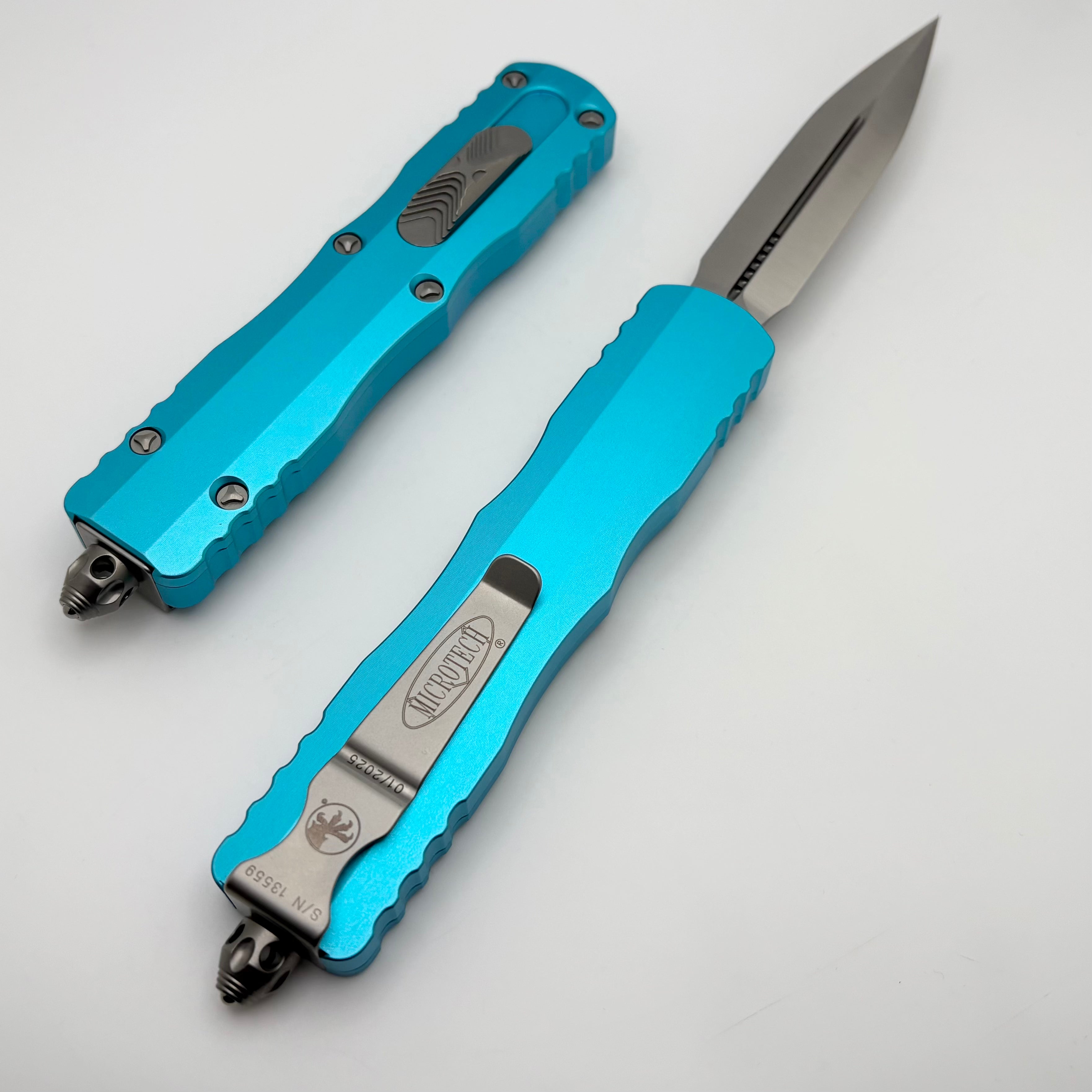 Premium Microtech Dirac Delta OTF Knife - Satin Blade & Turquoise Handles