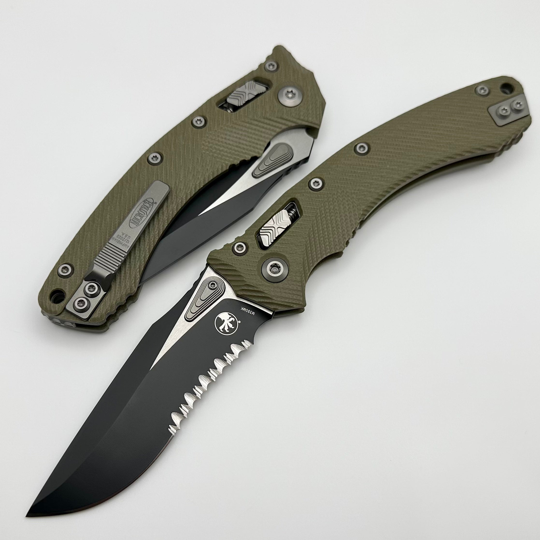 Microtech Amphibian RAM LOK Tactical Knife - OD Green Fluted G-10 Handle & Black Partial Serrated M390MK Blade