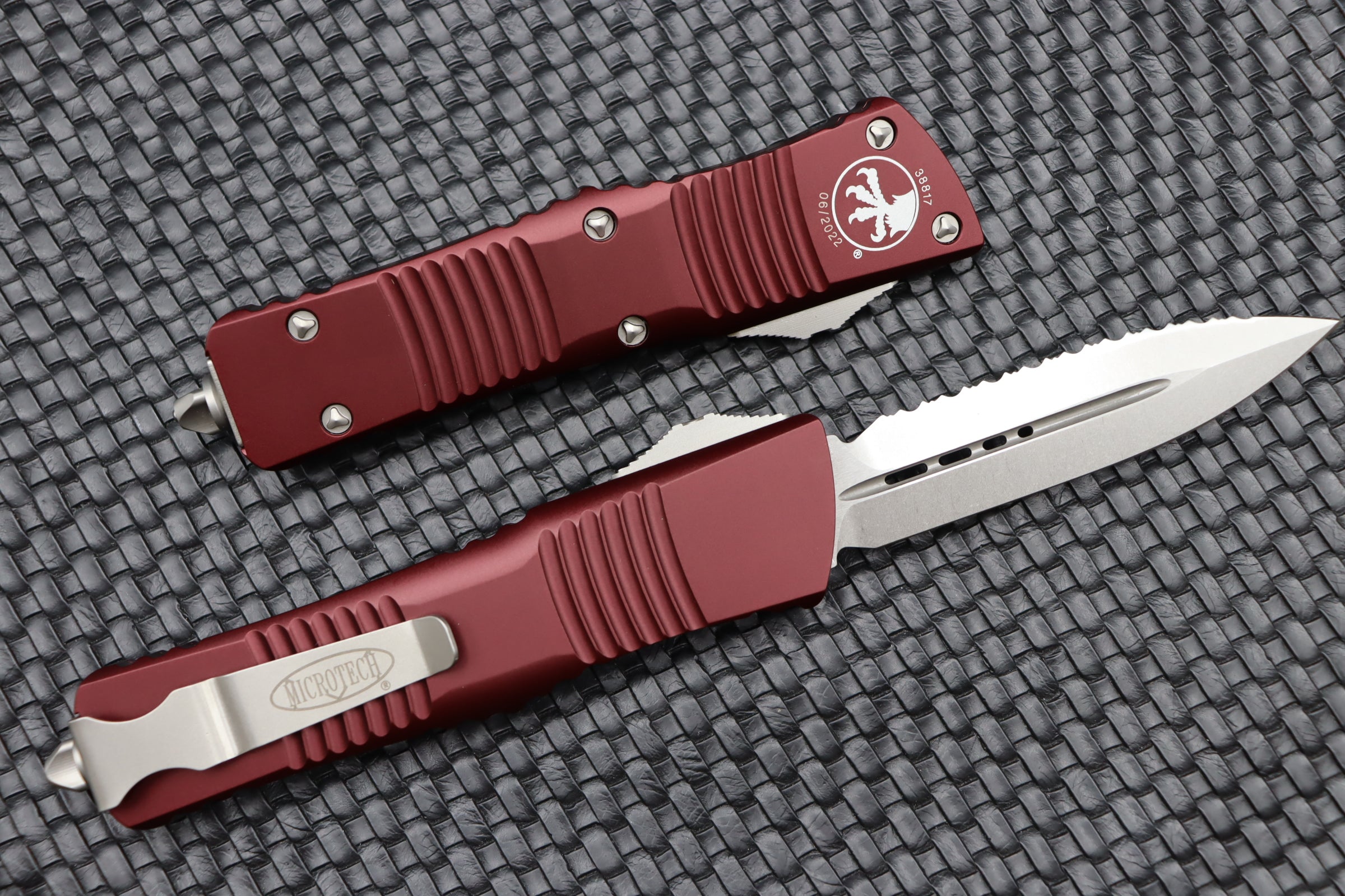 Microtech Combat Troodon Premium Double Edge Tactical Knife - Stonewash & Merlot Red