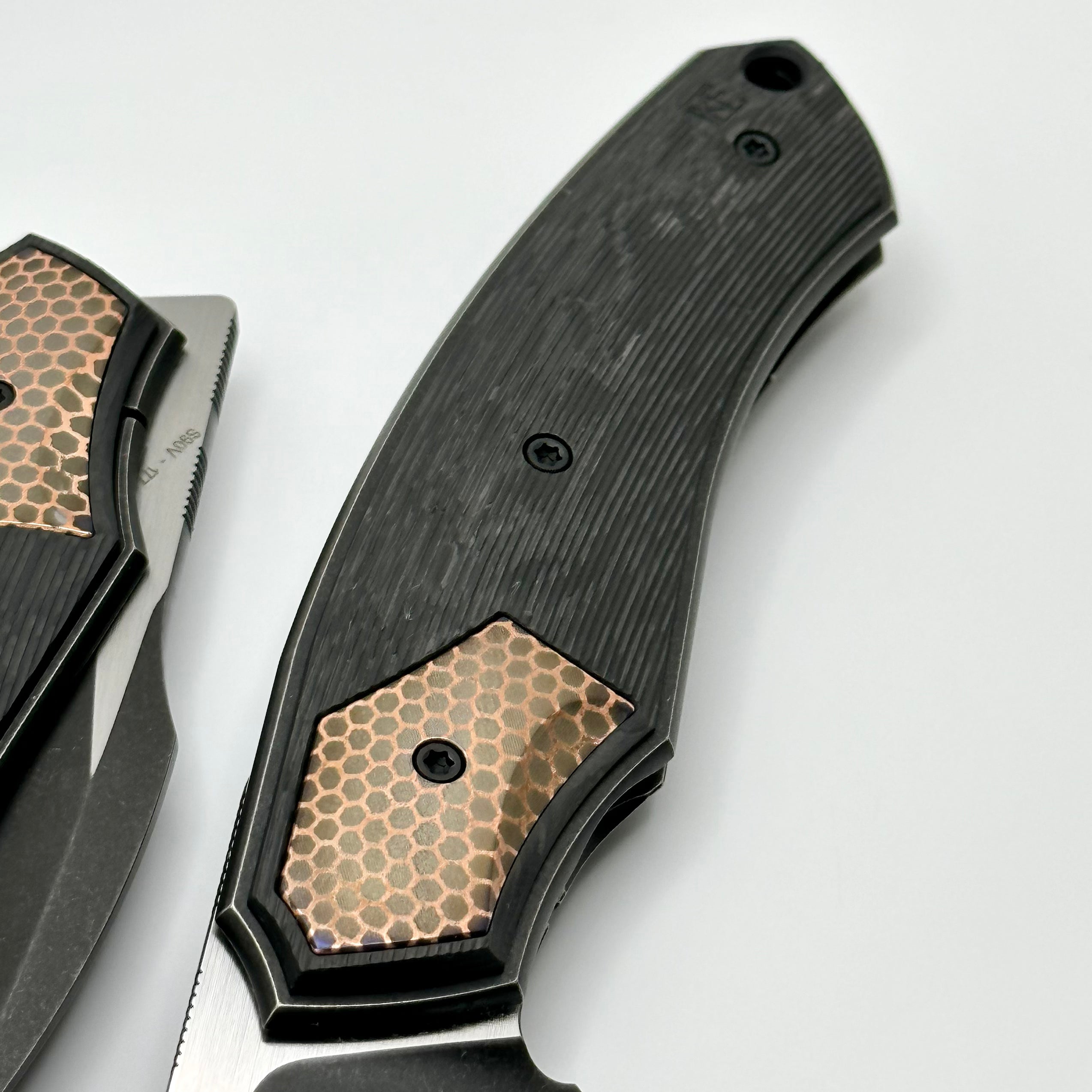 Premium Custom Knife Factory Davless: Carbon Fiber & Superconductor Edition with Two-Tone Blackwash S90V Blade