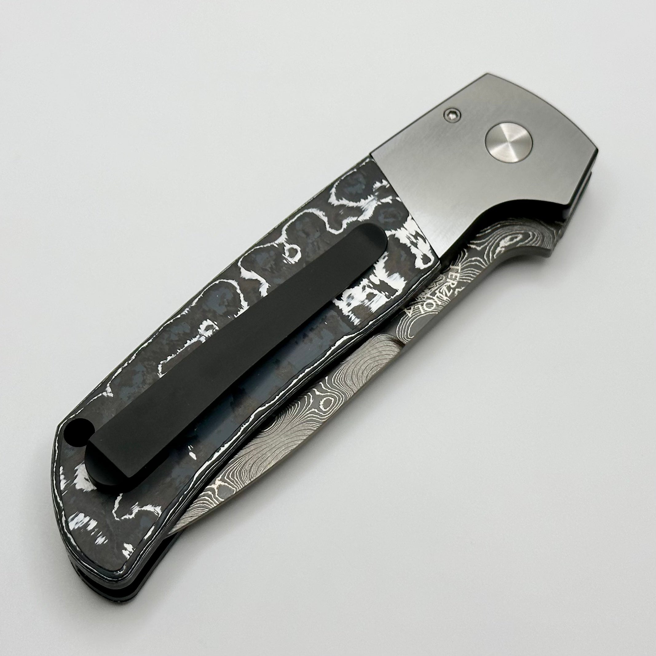 Pro-Tech ATCF Monochrome Custom Two Tone DLC 416 Steel w/ White Storm Fat Carbon Inlays & Black Lip Pearl Button w/ Chad Nichols Virus Damascus Enthusiast 2023 Edition PRE OWNED