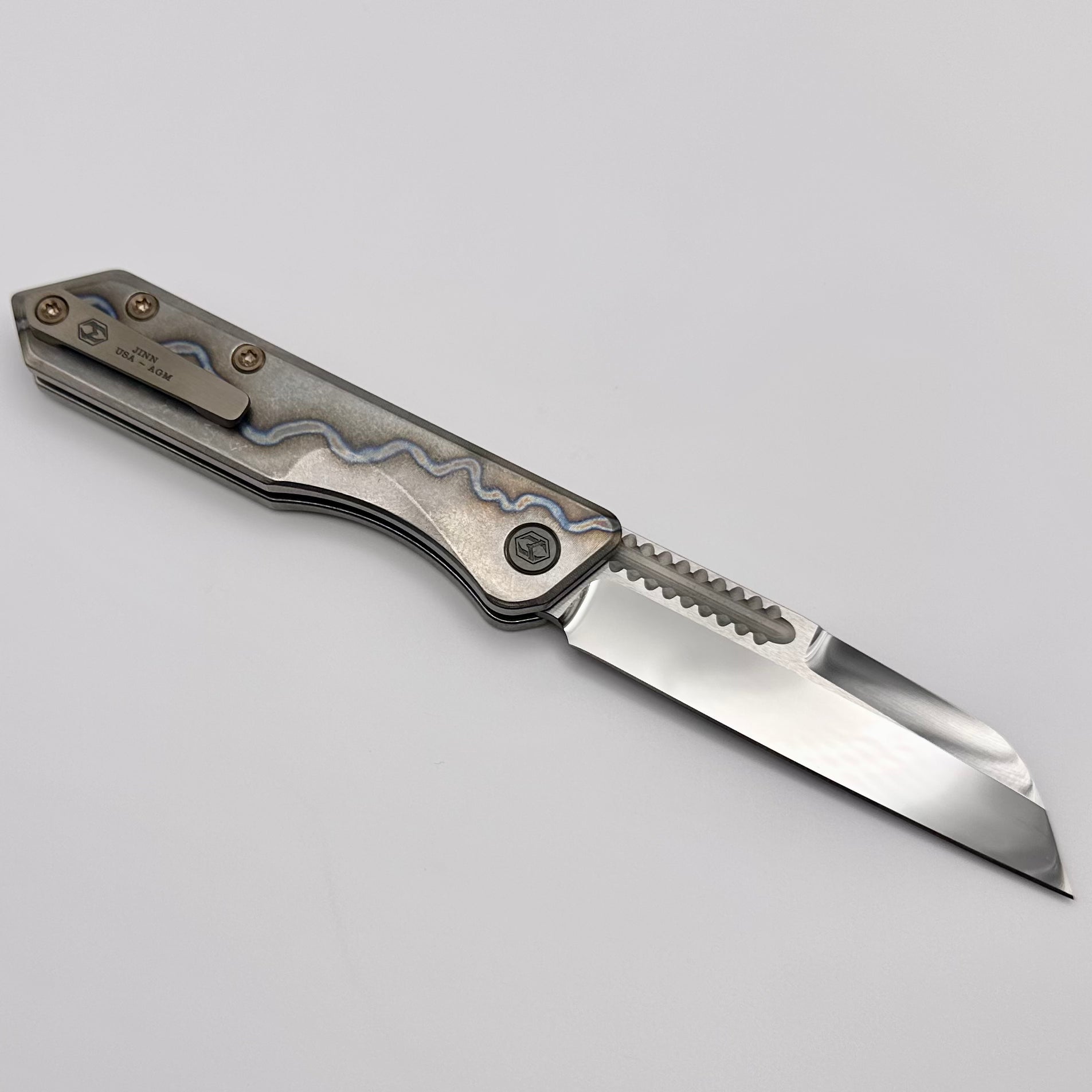 Premium Heretic Knives Jinn: Flamed Titanium Handle with Bronze Accents & Mirror Polish Elmax Blade