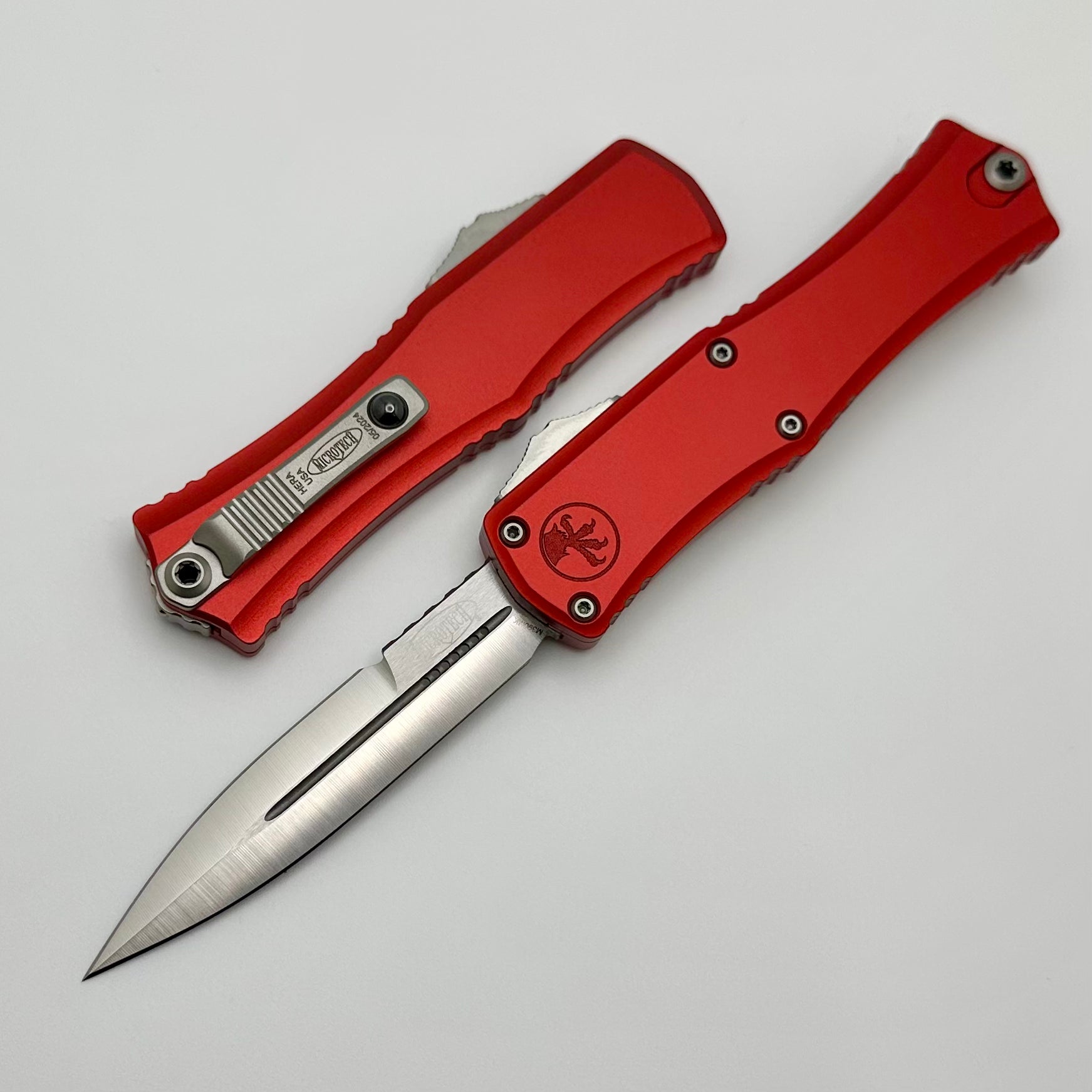 Premium Microtech Mini Hera Satin Bayonet Knife - M390MK Blade & Red Aluminum Handle