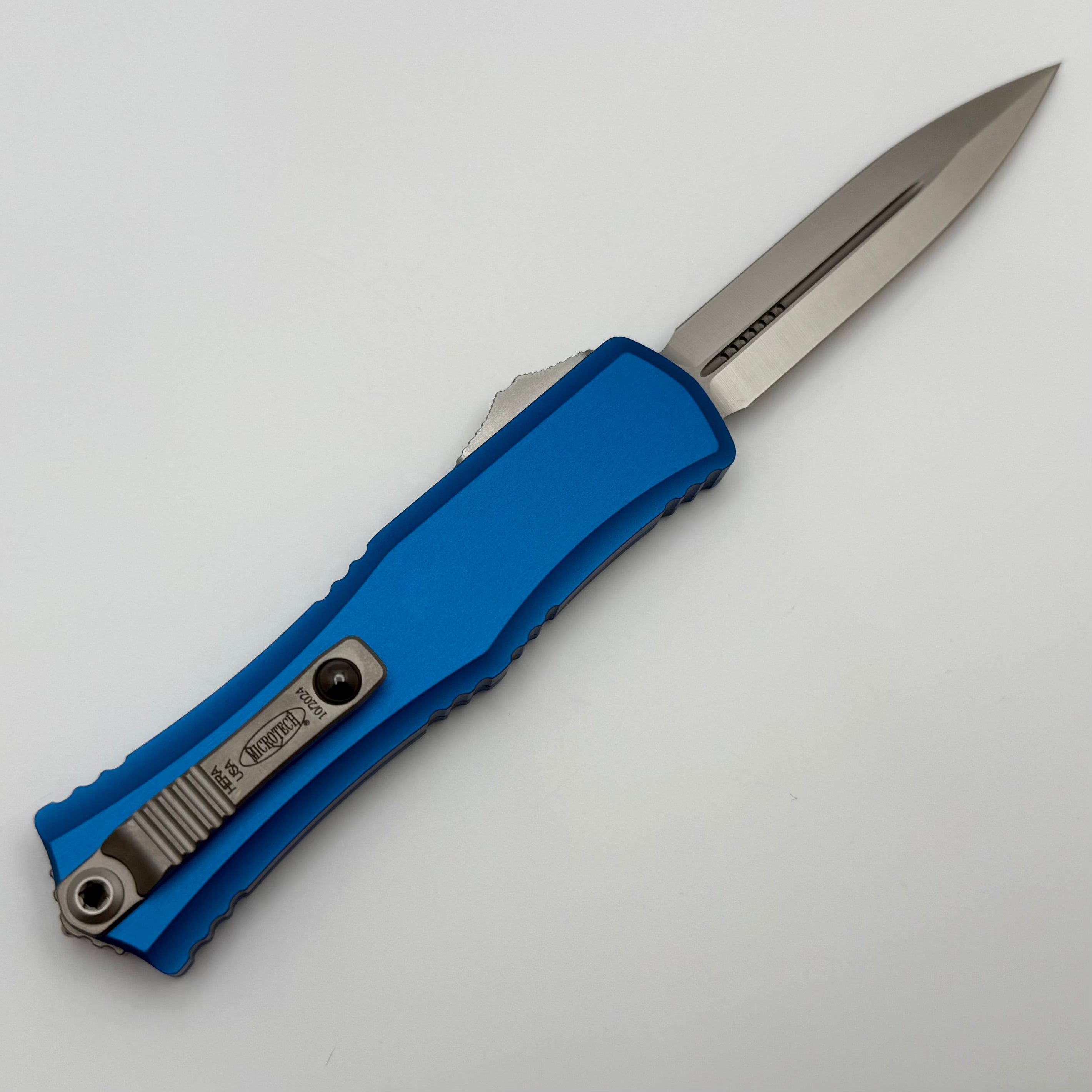 Premium Microtech Mini Hera Satin Double Edge Knife with Blue Handle