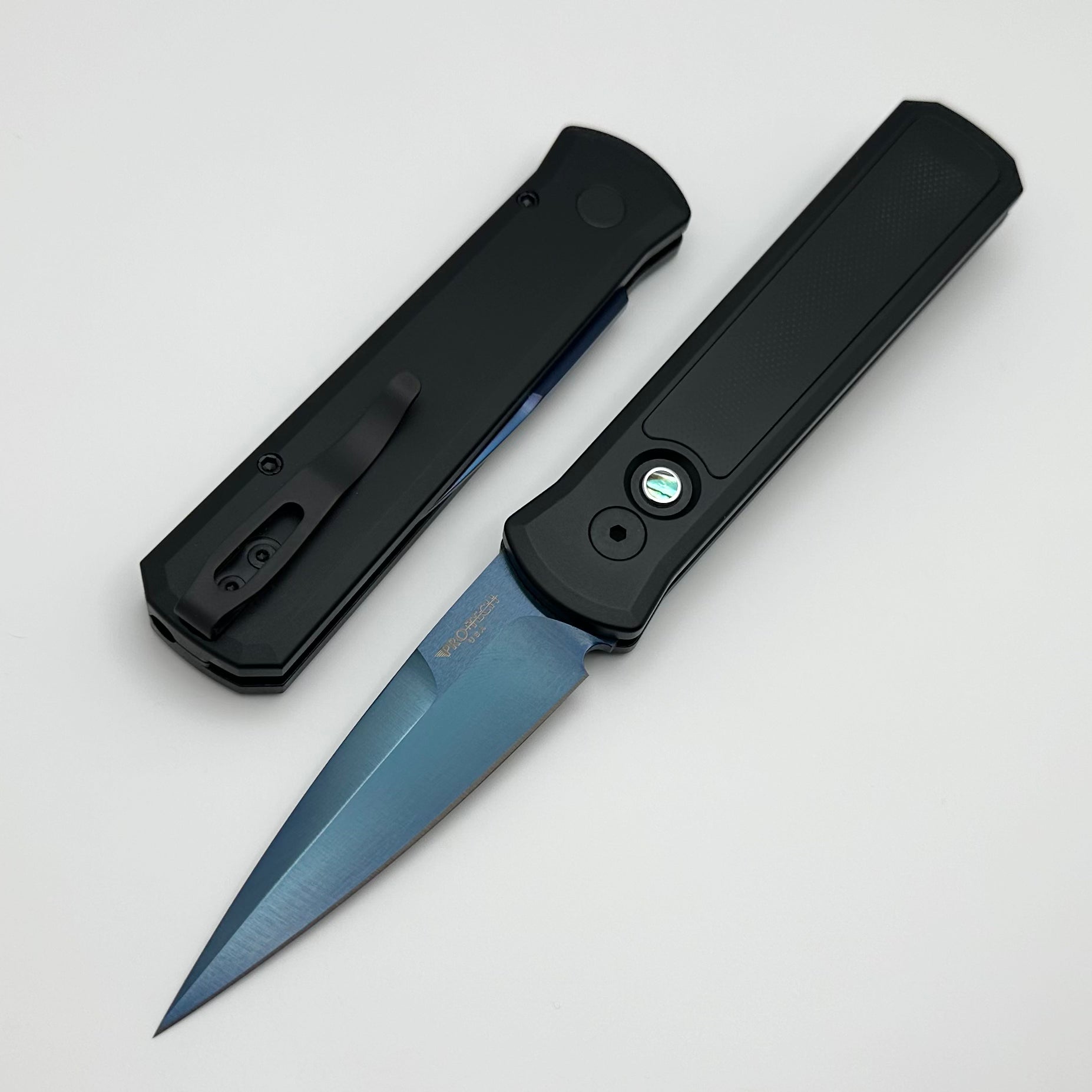 Pro-Tech Godson Premium Automatic Knife - Black Handle with Abalone Button & G-10 Inlay