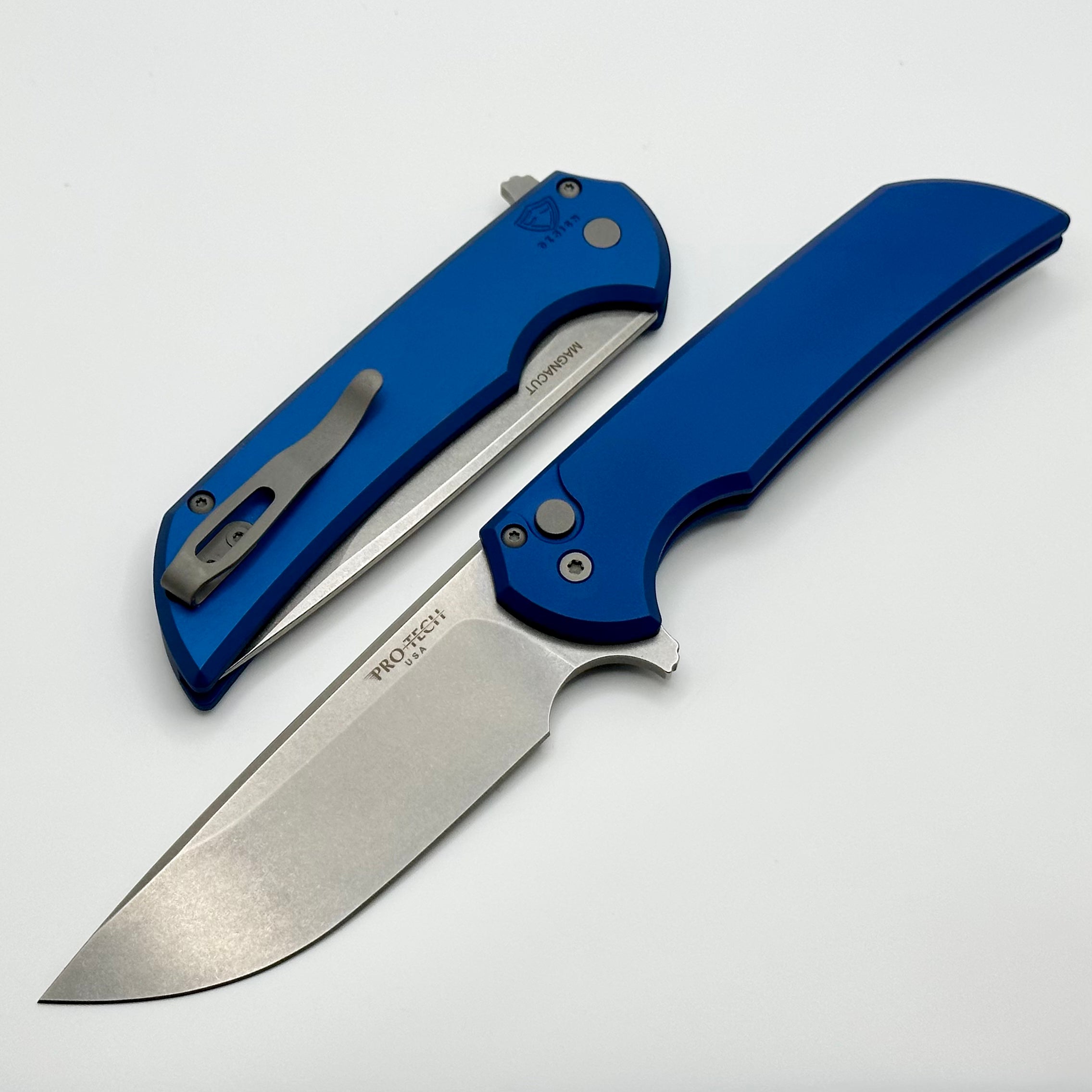 Ultimate Pro-Tech Mordax Folding Knife - Blue Handle & Stonewash MagnaCut