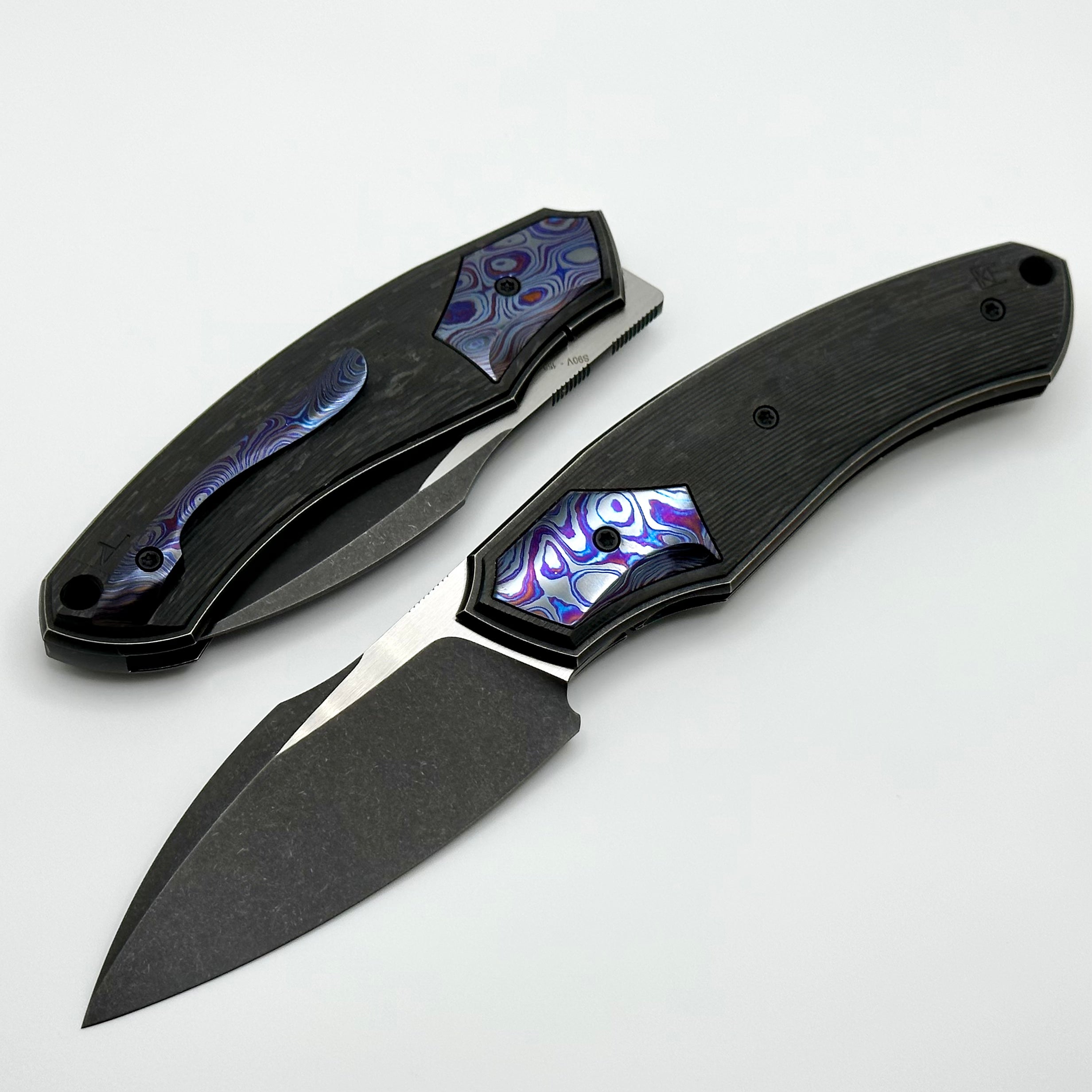 Premium Davless Knife: Carbon Fiber & ZircuTi with Two-Tone Blackwash S90V Blade